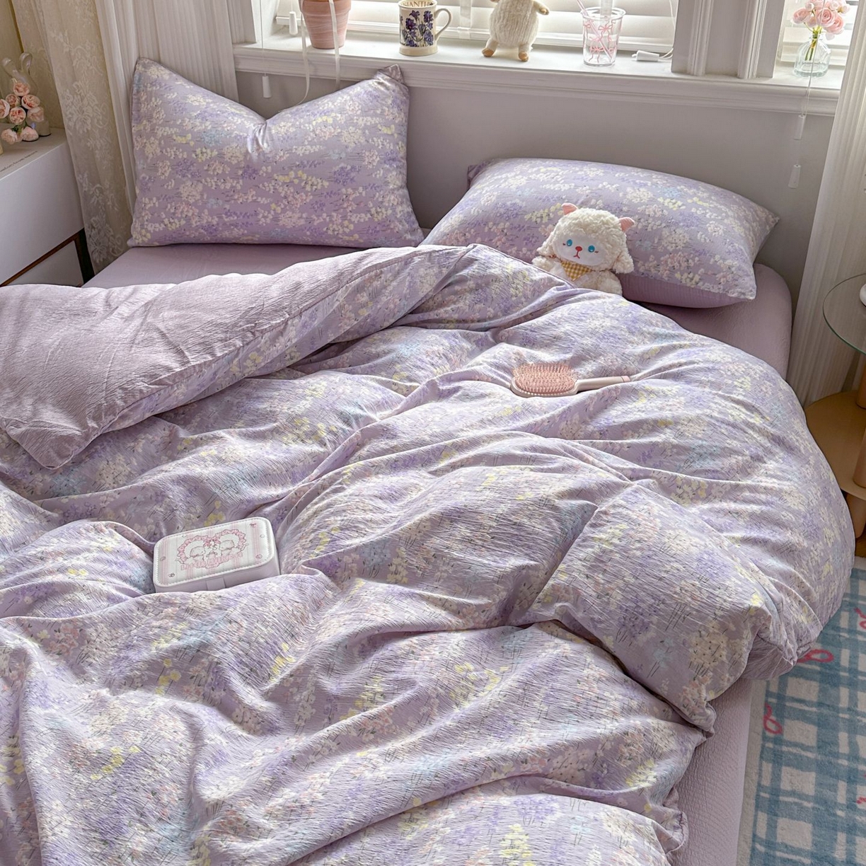 91家纺网 家纺一手货源 找家纺 小蓝孩家纺 2026新款泡泡纱双层纱四件套（不缺货） 薰衣草