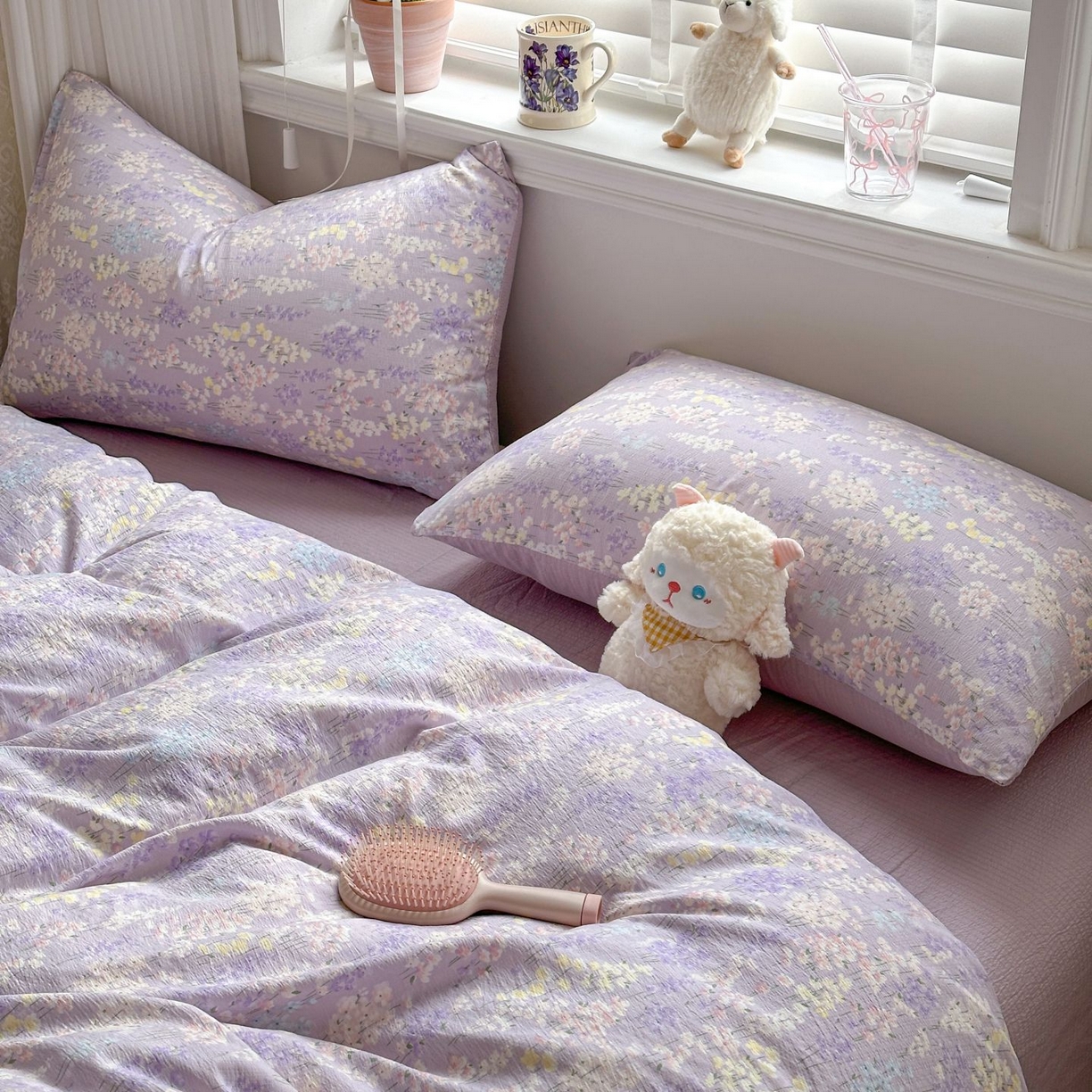 91家纺网 家纺一手货源 找家纺 小蓝孩家纺 2026新款泡泡纱双层纱四件套（不缺货） 薰衣草