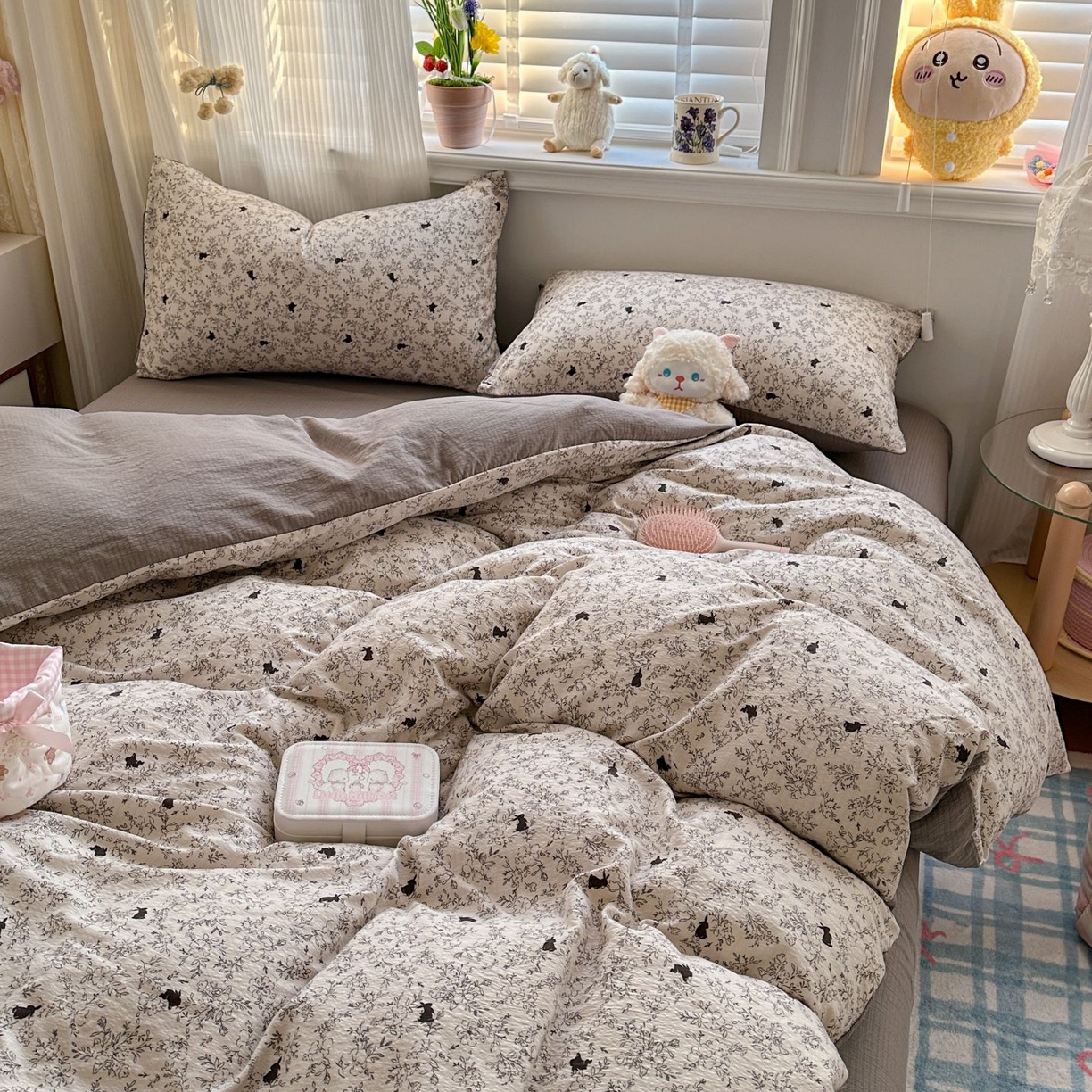 91家纺网 家纺一手货源 找家纺 小蓝孩家纺 2026新款泡泡纱双层纱四件套（不缺货） 兔与晚风