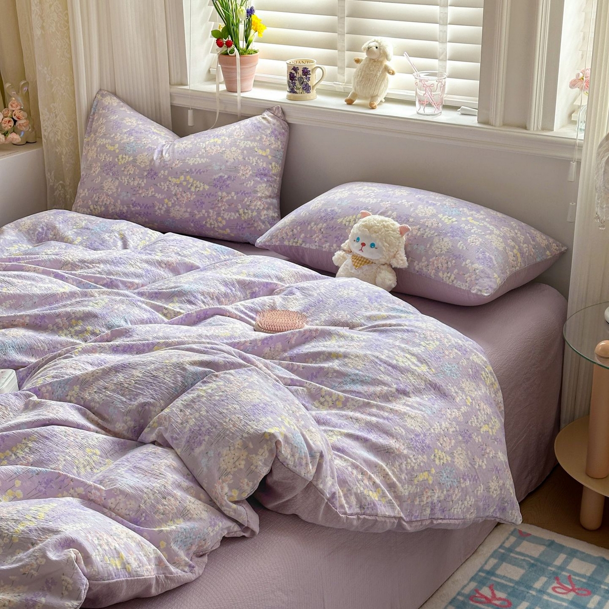 91家纺网 家纺一手货源 找家纺 小蓝孩家纺 2026新款泡泡纱双层纱四件套（不缺货） 薰衣草