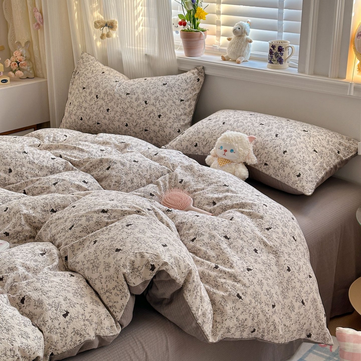 91家纺网 家纺一手货源 找家纺 小蓝孩家纺 2026新款泡泡纱双层纱四件套（不缺货） 兔与晚风