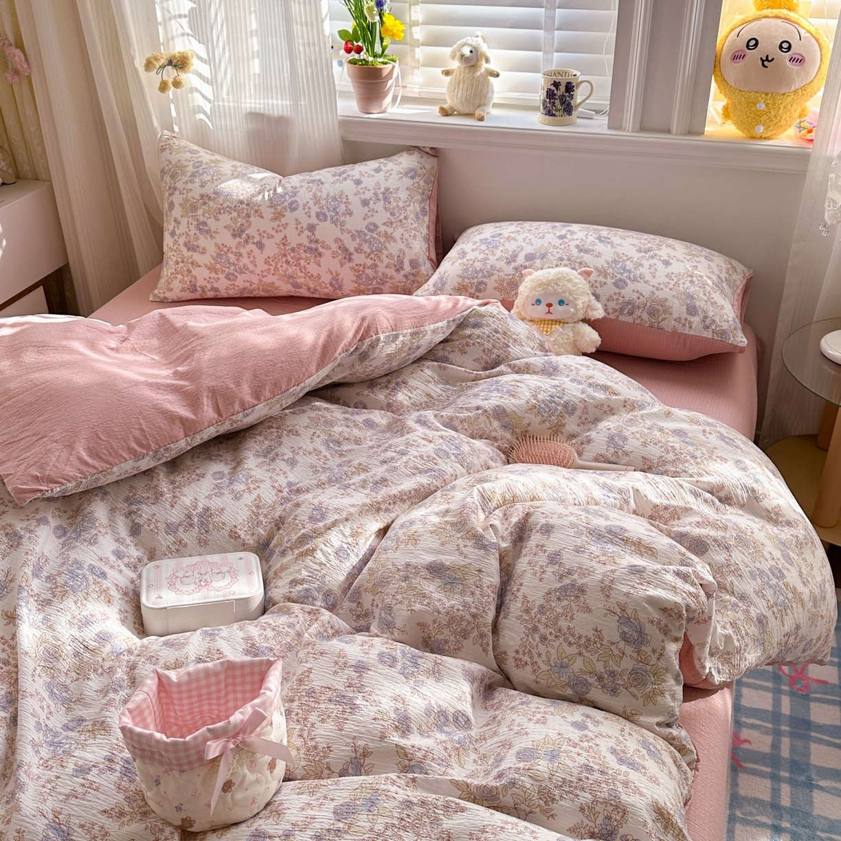 91家纺网 家纺一手货源 找家纺 小蓝孩家纺 2026新款泡泡纱双层纱四件套（不缺货） 曼妙花园