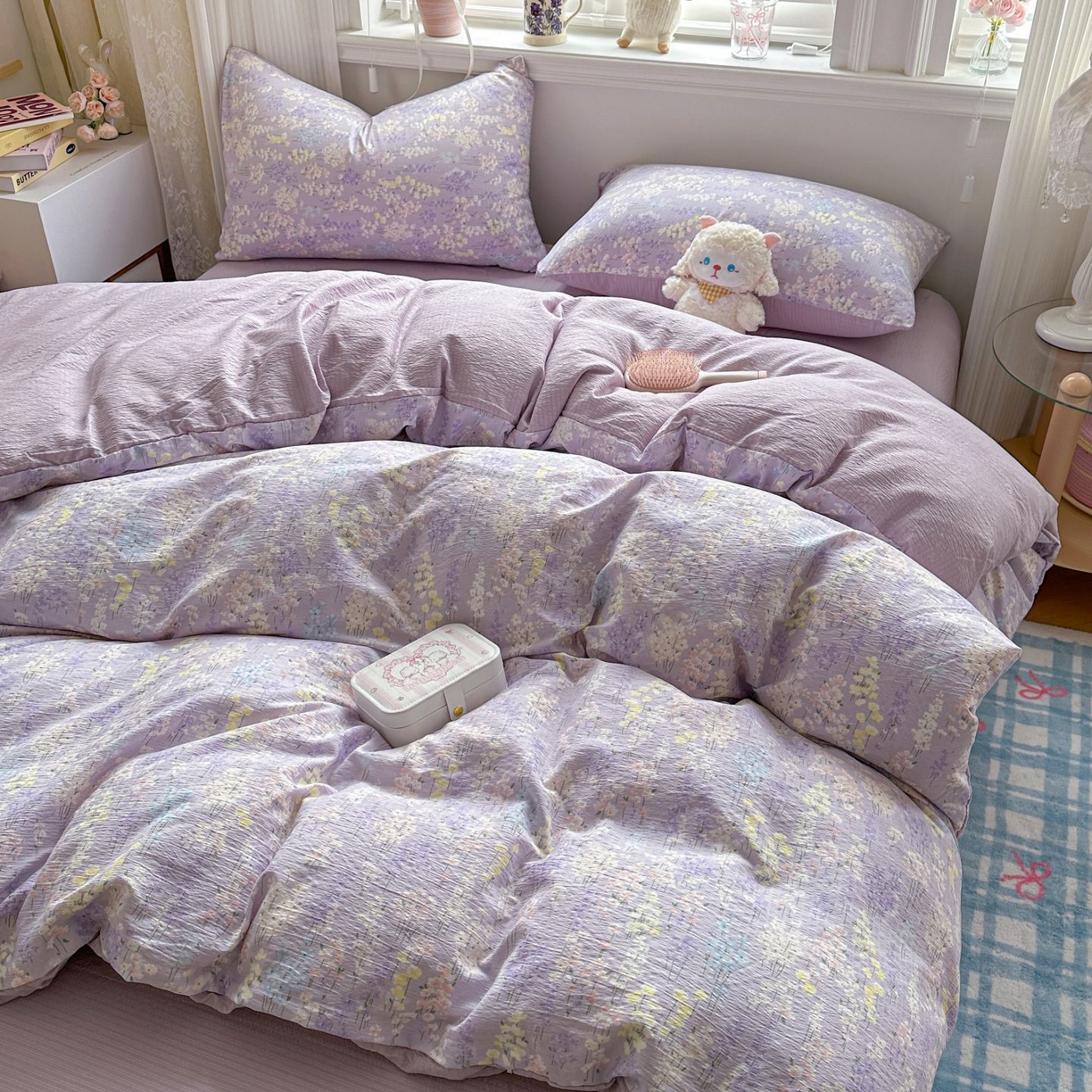 91家纺网 家纺一手货源 找家纺 小蓝孩家纺 2026新款泡泡纱双层纱四件套（不缺货） 薰衣草