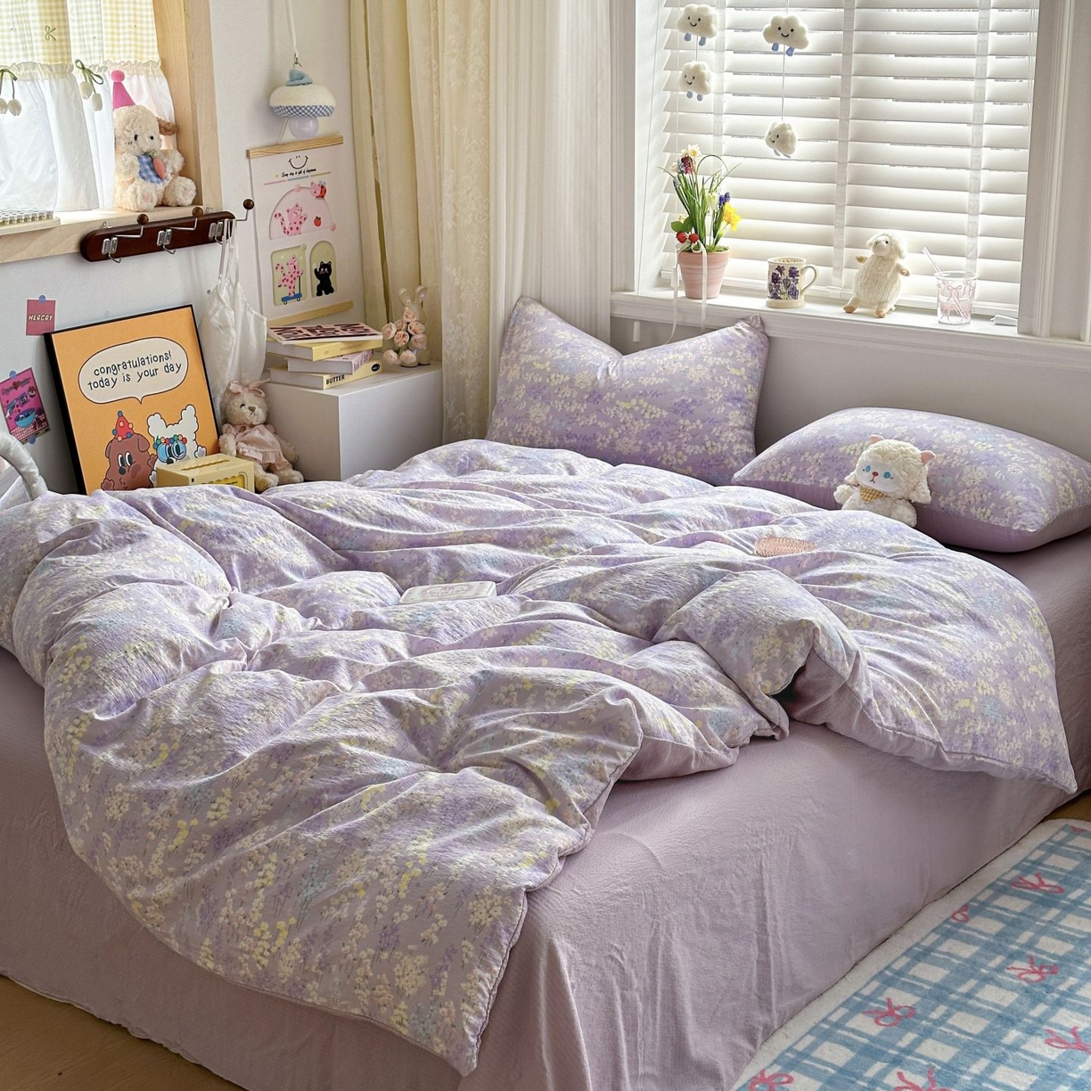 91家纺网 家纺一手货源 找家纺 小蓝孩家纺 2026新款泡泡纱双层纱四件套（不缺货） 薰衣草