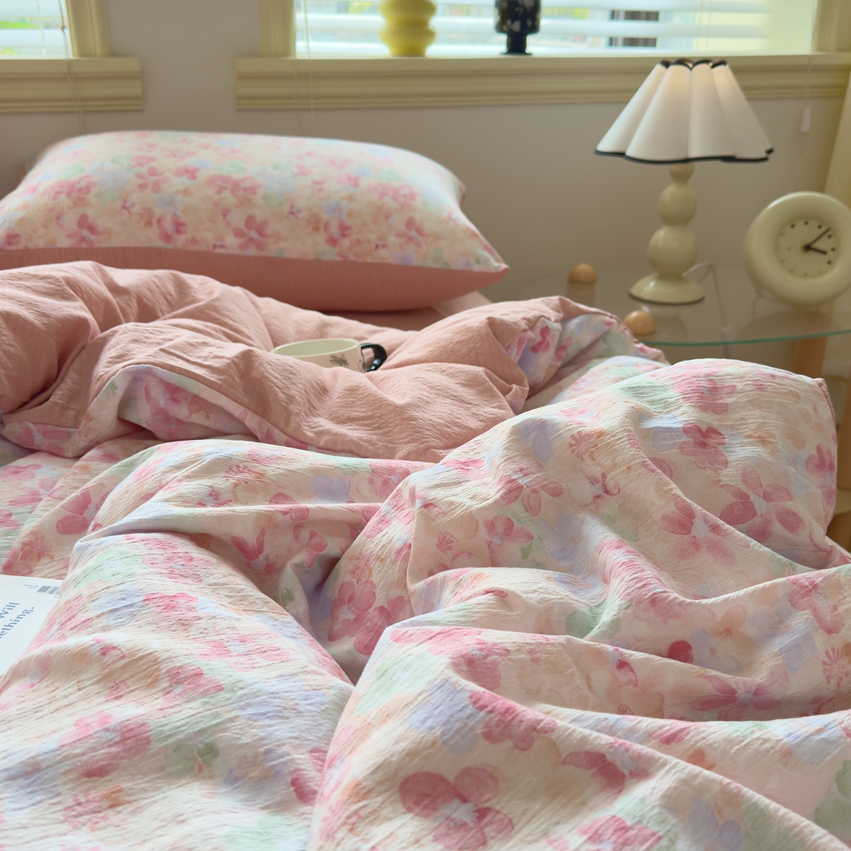 91家纺网 家纺一手货源 找家纺 小蓝孩家纺 2026新款泡泡纱双层纱四件套（不缺货） 十里桃花