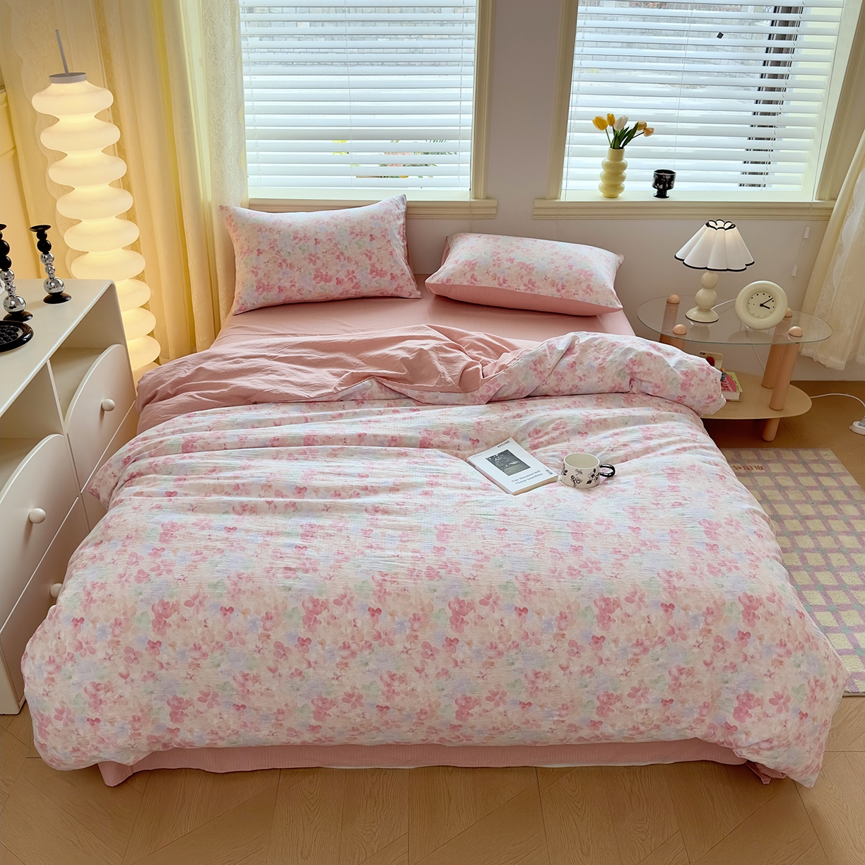 91家纺网 家纺一手货源 找家纺 小蓝孩家纺 2026新款泡泡纱双层纱四件套（不缺货） 十里桃花