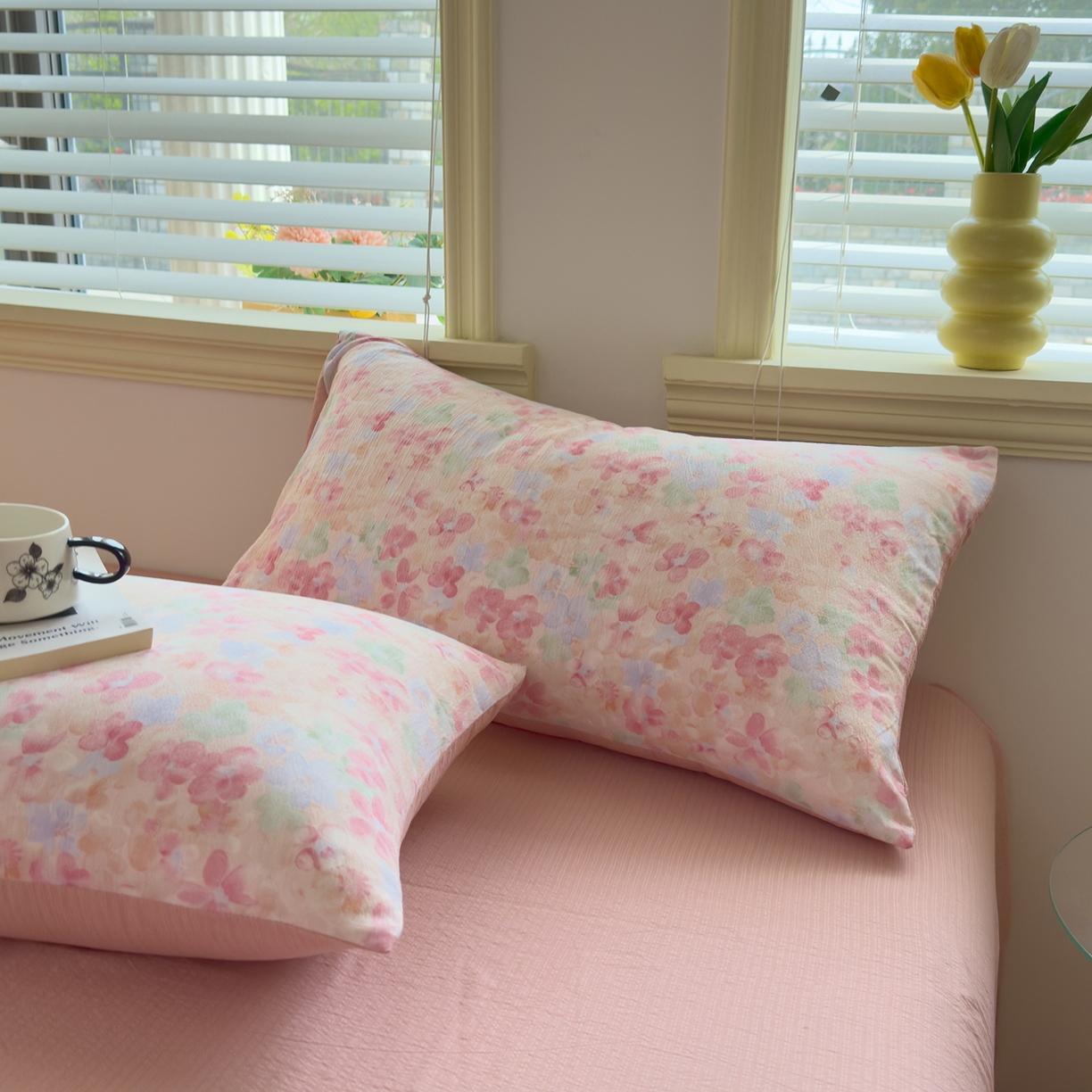 91家纺网 家纺一手货源 找家纺 小蓝孩家纺 2026新款泡泡纱双层纱四件套（不缺货） 十里桃花