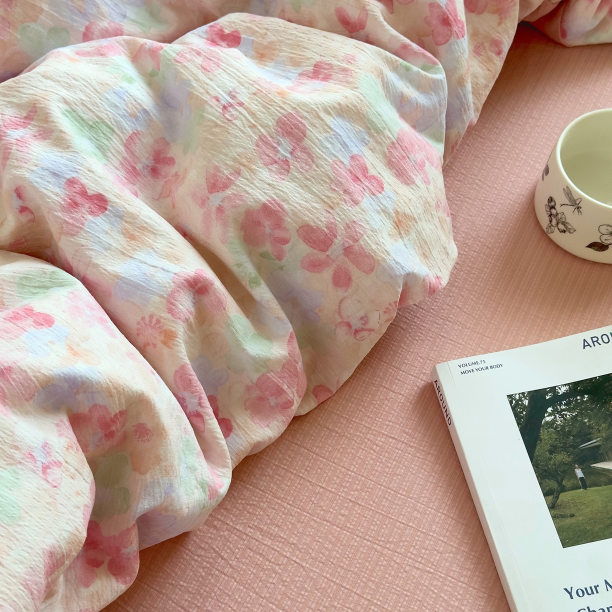 91家纺网 家纺一手货源 找家纺 小蓝孩家纺 2026新款泡泡纱双层纱四件套（不缺货） 十里桃花