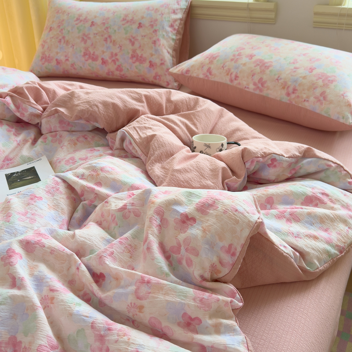 91家纺网 家纺一手货源 找家纺 小蓝孩家纺 2026新款泡泡纱双层纱四件套（不缺货） 十里桃花