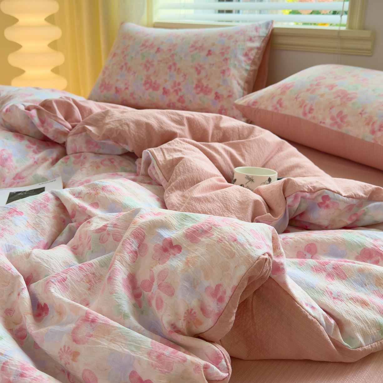 91家纺网 家纺一手货源 找家纺 小蓝孩家纺 2026新款泡泡纱双层纱四件套（不缺货） 十里桃花