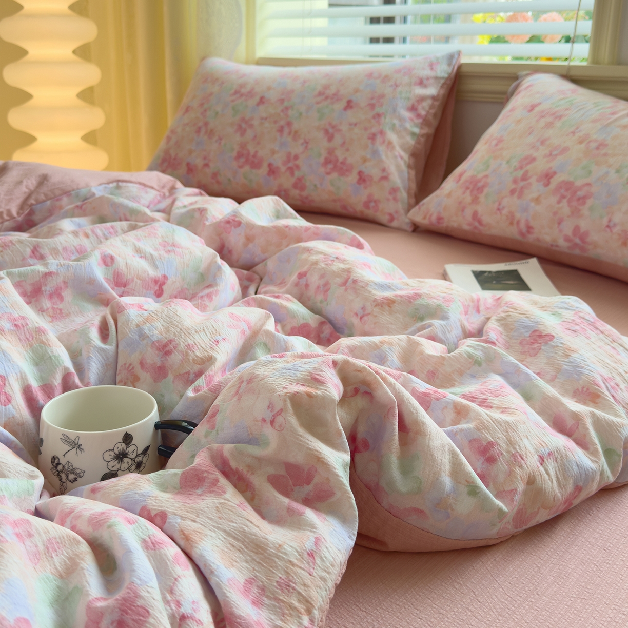 91家纺网 家纺一手货源 找家纺 小蓝孩家纺 2026新款泡泡纱双层纱四件套（不缺货） 十里桃花