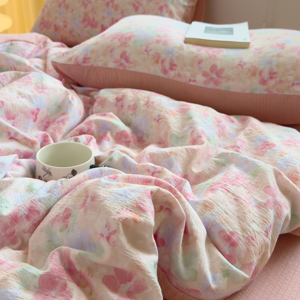 91家纺网 家纺一手货源 找家纺 小蓝孩家纺 2026新款泡泡纱双层纱四件套（不缺货） 十里桃花