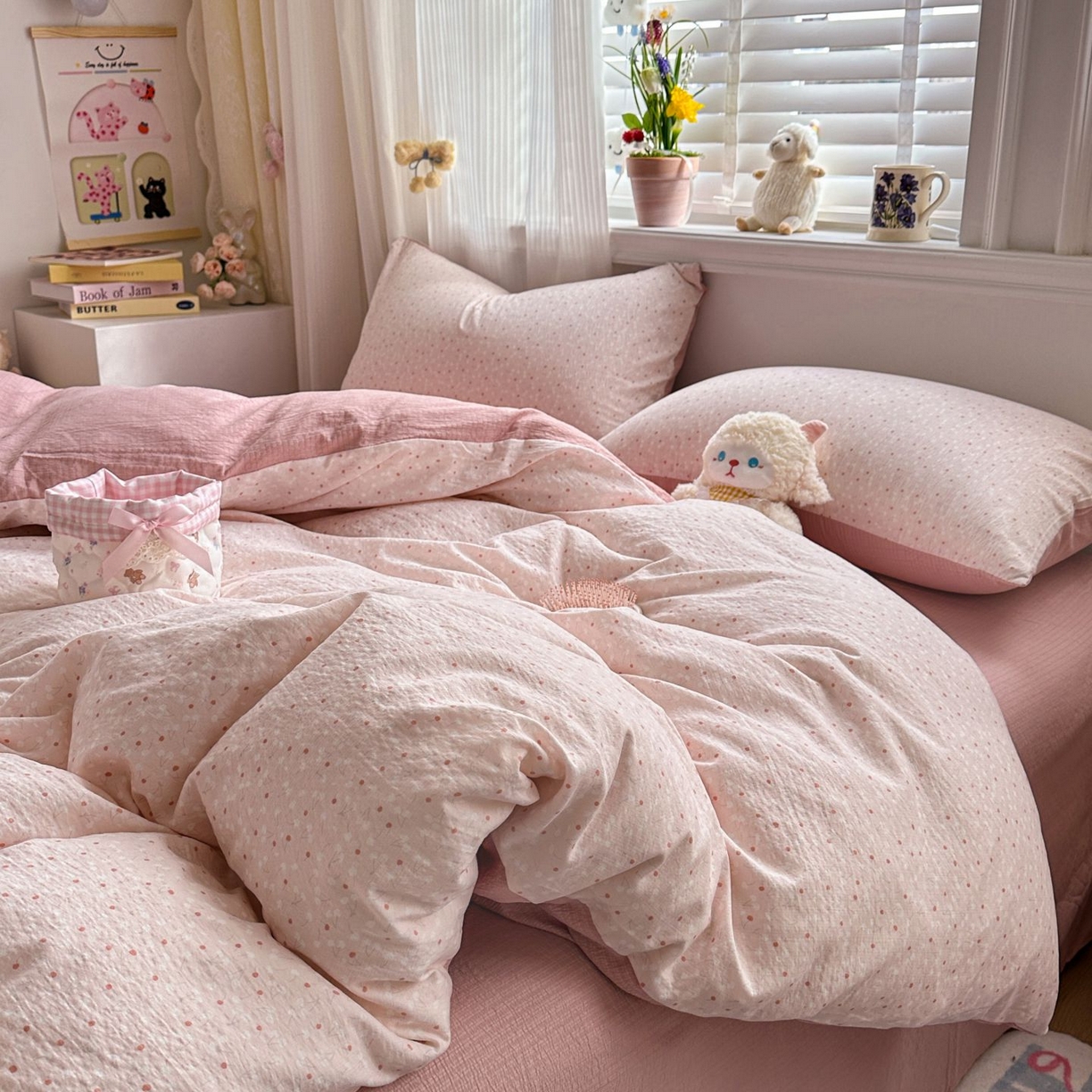91家纺网 家纺一手货源 找家纺 小蓝孩家纺 2026新款泡泡纱双层纱四件套（不缺货） 樱桃奶球