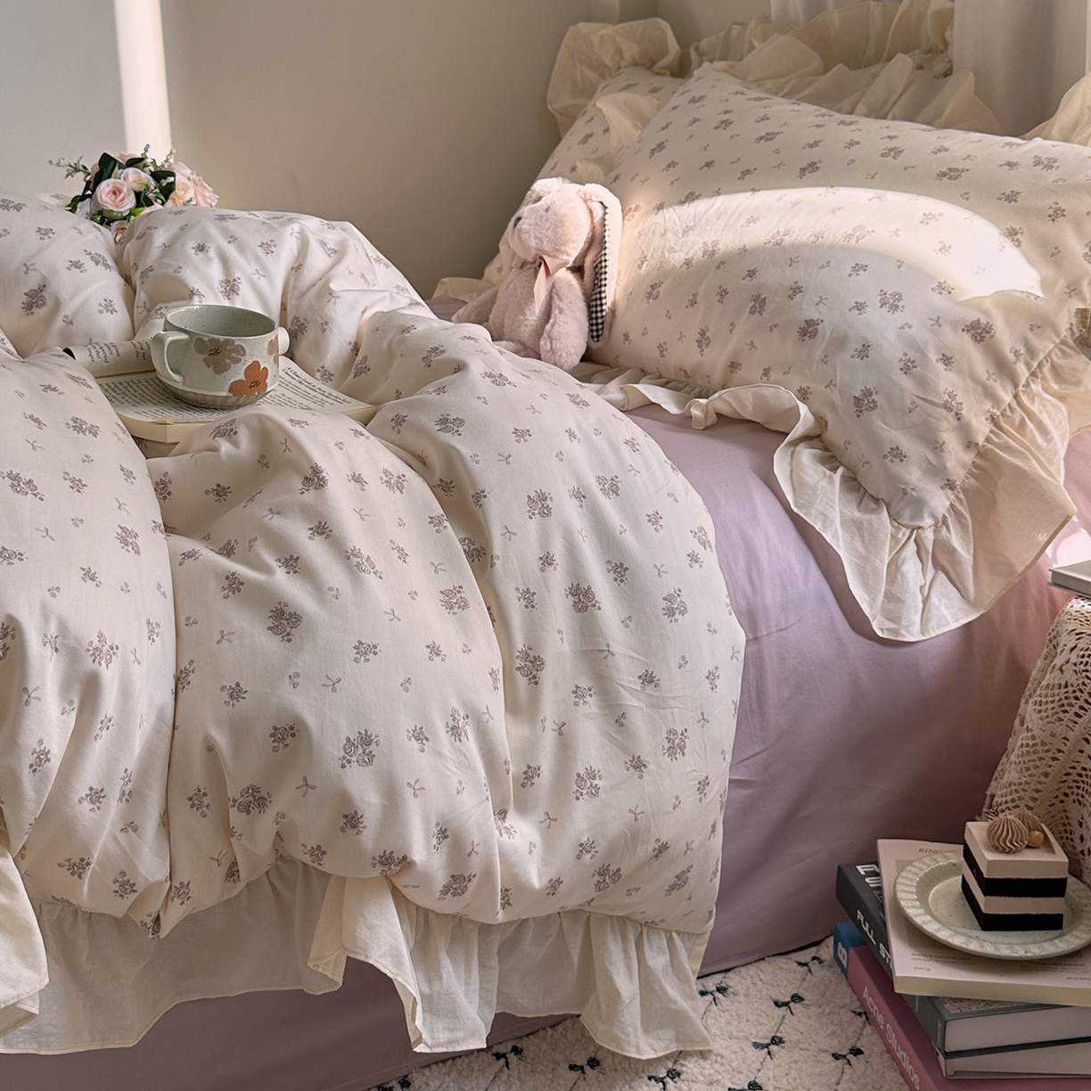 91家纺网 家纺一手货源 找家纺 艾咪-Amy ntmy 2026新款法式田园风全棉纯棉花边款四件套 紫菀