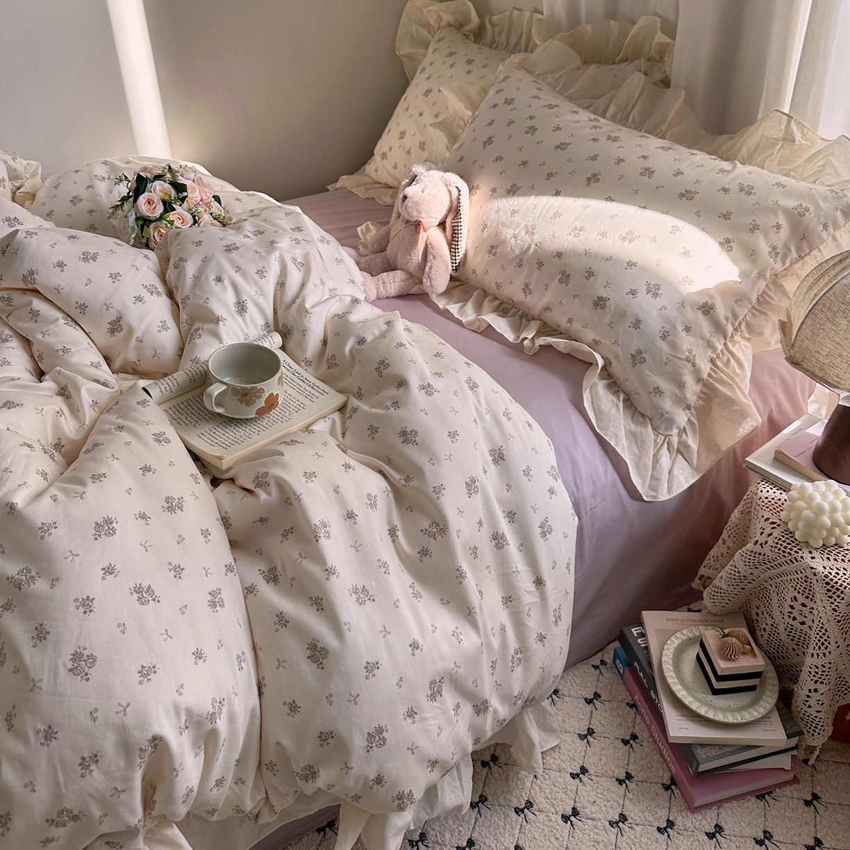 91家纺网 家纺一手货源 找家纺 艾咪-Amy ntmy 2026新款法式田园风全棉纯棉花边款四件套 紫菀