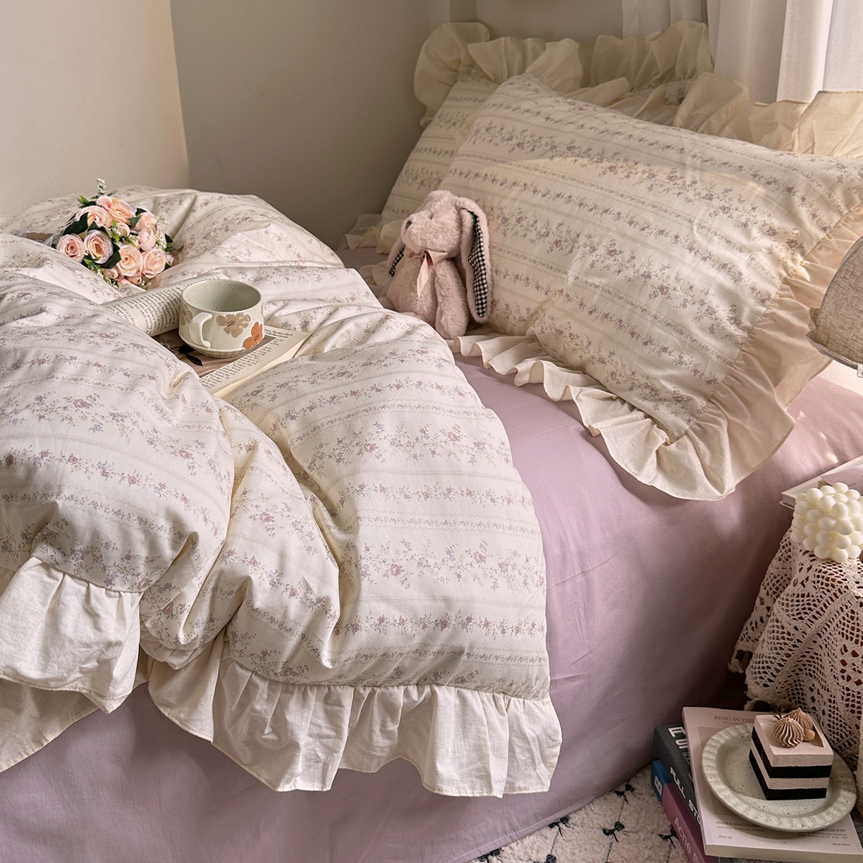 91家纺网 家纺一手货源 找家纺 艾咪-Amy ntmy 2026新款法式田园风全棉纯棉花边款四件套 紫藤
