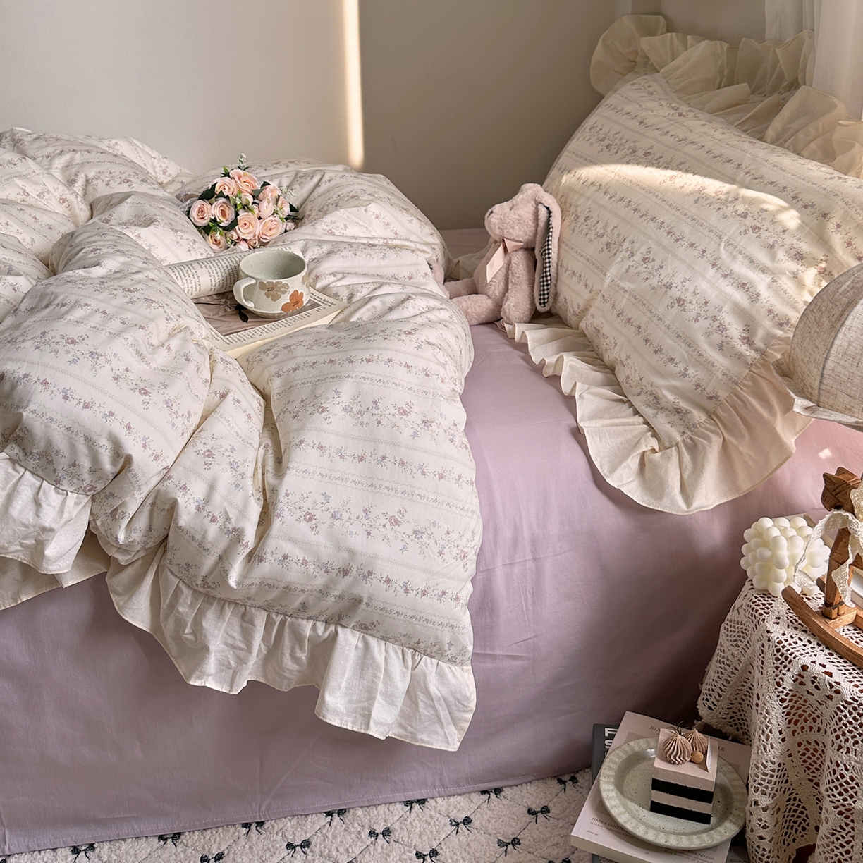 91家纺网 家纺一手货源 找家纺 艾咪-Amy ntmy 2026新款法式田园风全棉纯棉花边款四件套 紫藤