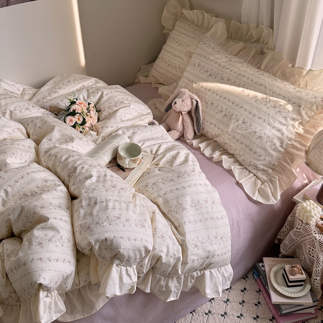 91家纺网 家纺一手货源 找家纺 艾咪-Amy ntmy 2026新款法式田园风全棉纯棉花边款四件套 紫藤