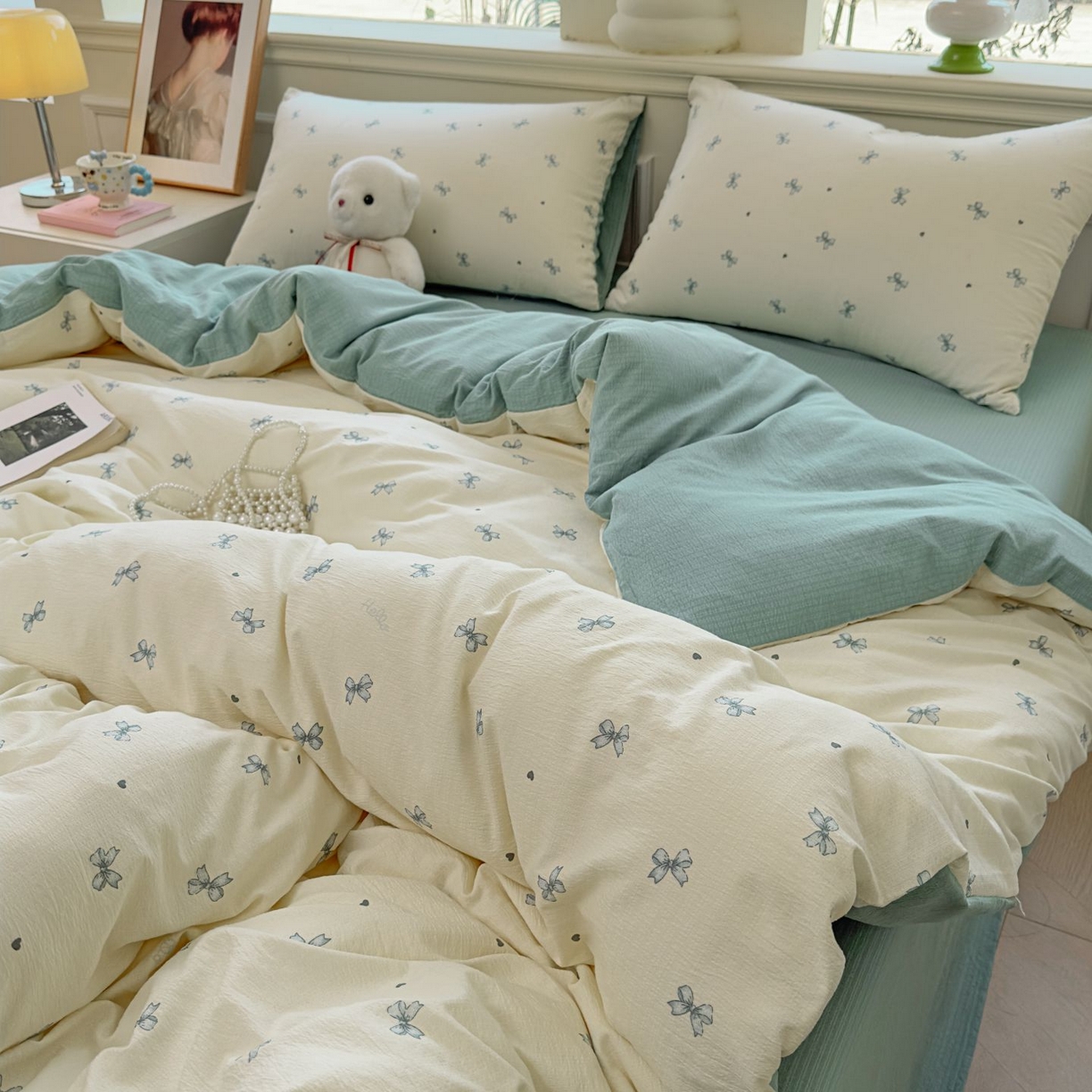 91家纺网 家纺一手货源 找家纺 小蓝孩家纺 2026新款泡泡纱双层纱四件套（不缺货） 夏天