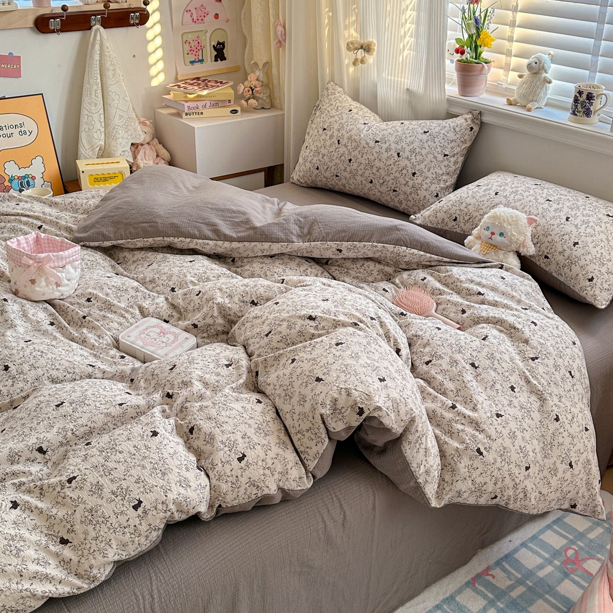 91家纺网 家纺一手货源 找家纺 小蓝孩家纺 2026新款泡泡纱双层纱四件套（不缺货） 兔与晚风