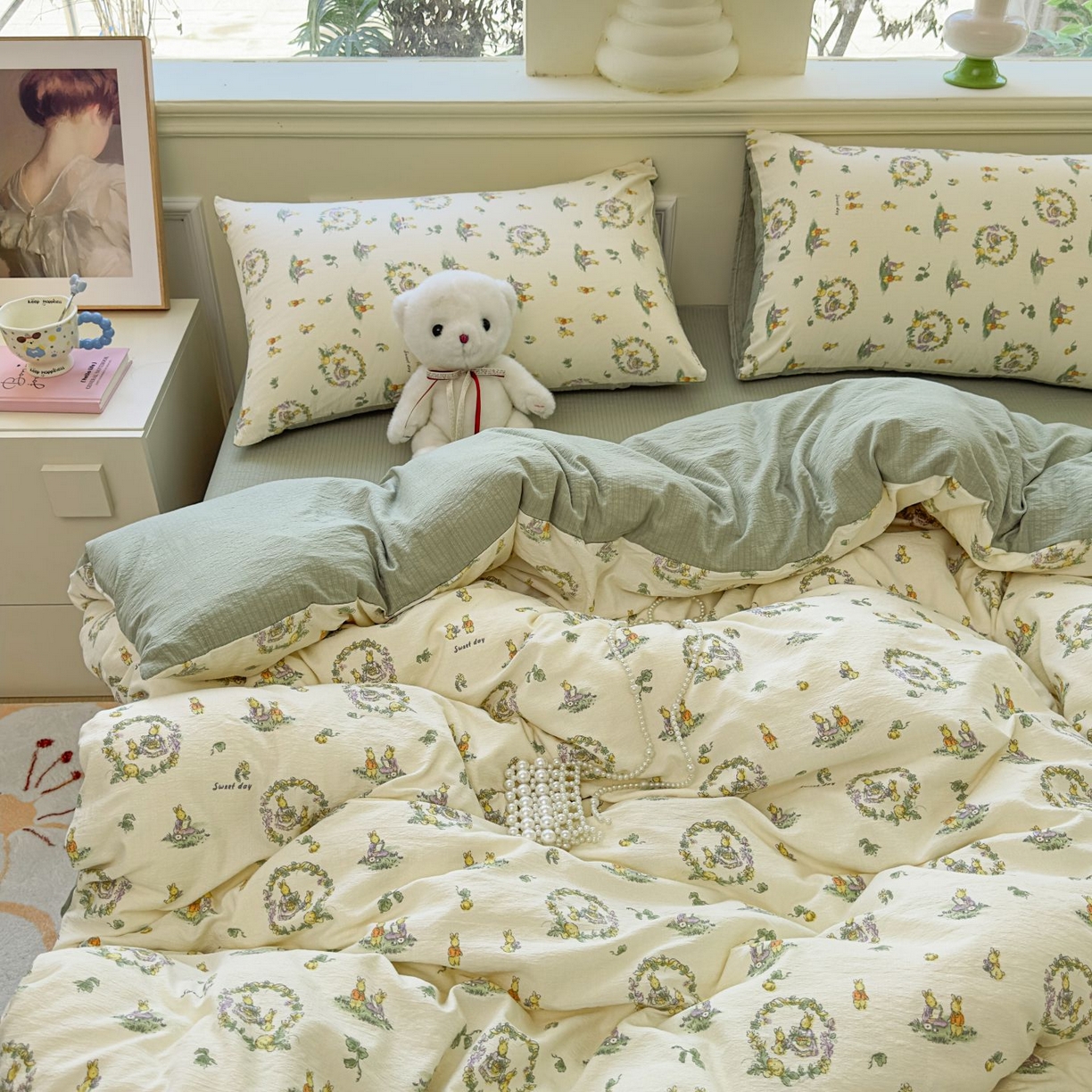 91家纺网 家纺一手货源 找家纺 小蓝孩家纺 2026新款泡泡纱双层纱四件套（不缺货） 小欢喜