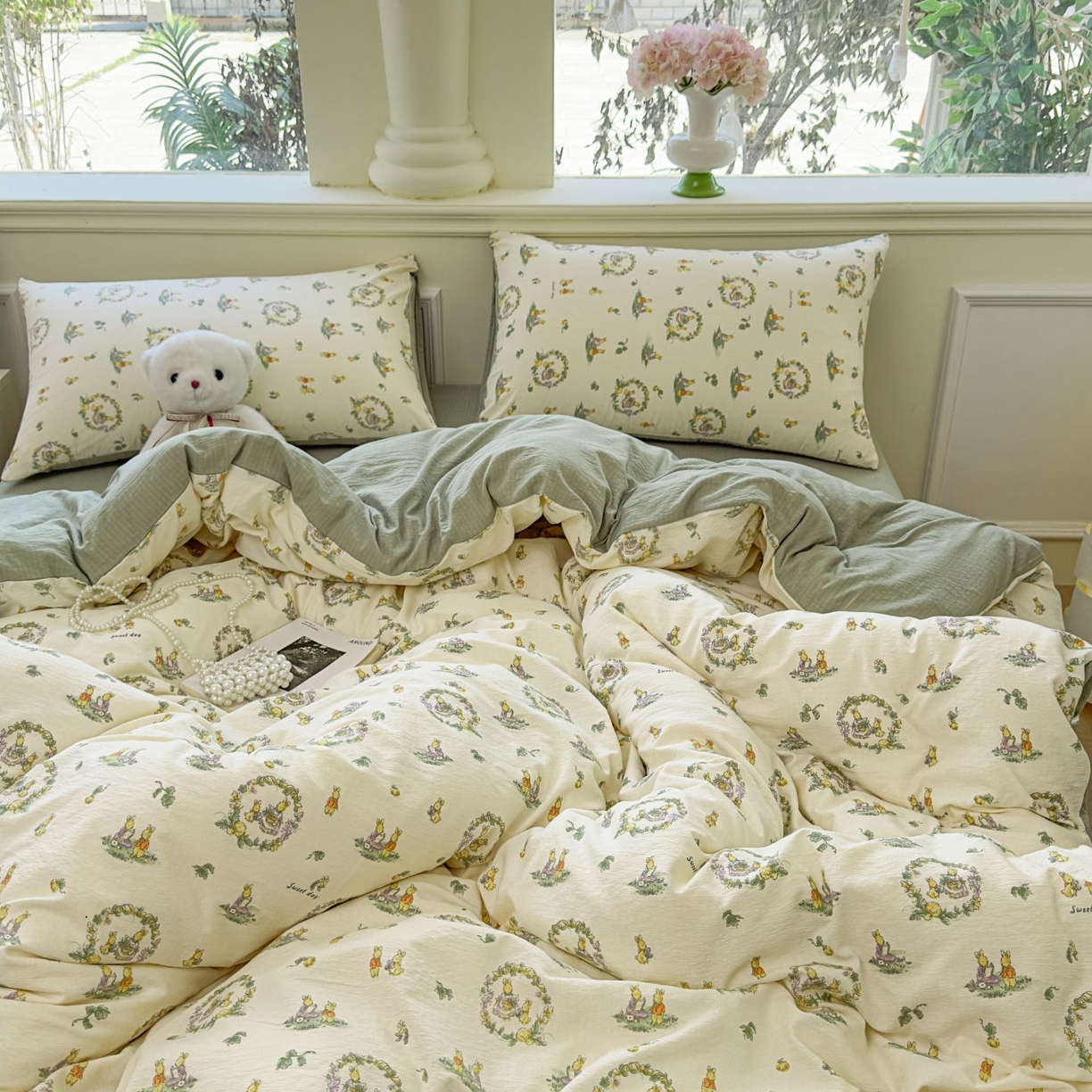 91家纺网 家纺一手货源 找家纺 小蓝孩家纺 2026新款泡泡纱双层纱四件套（不缺货） 小欢喜