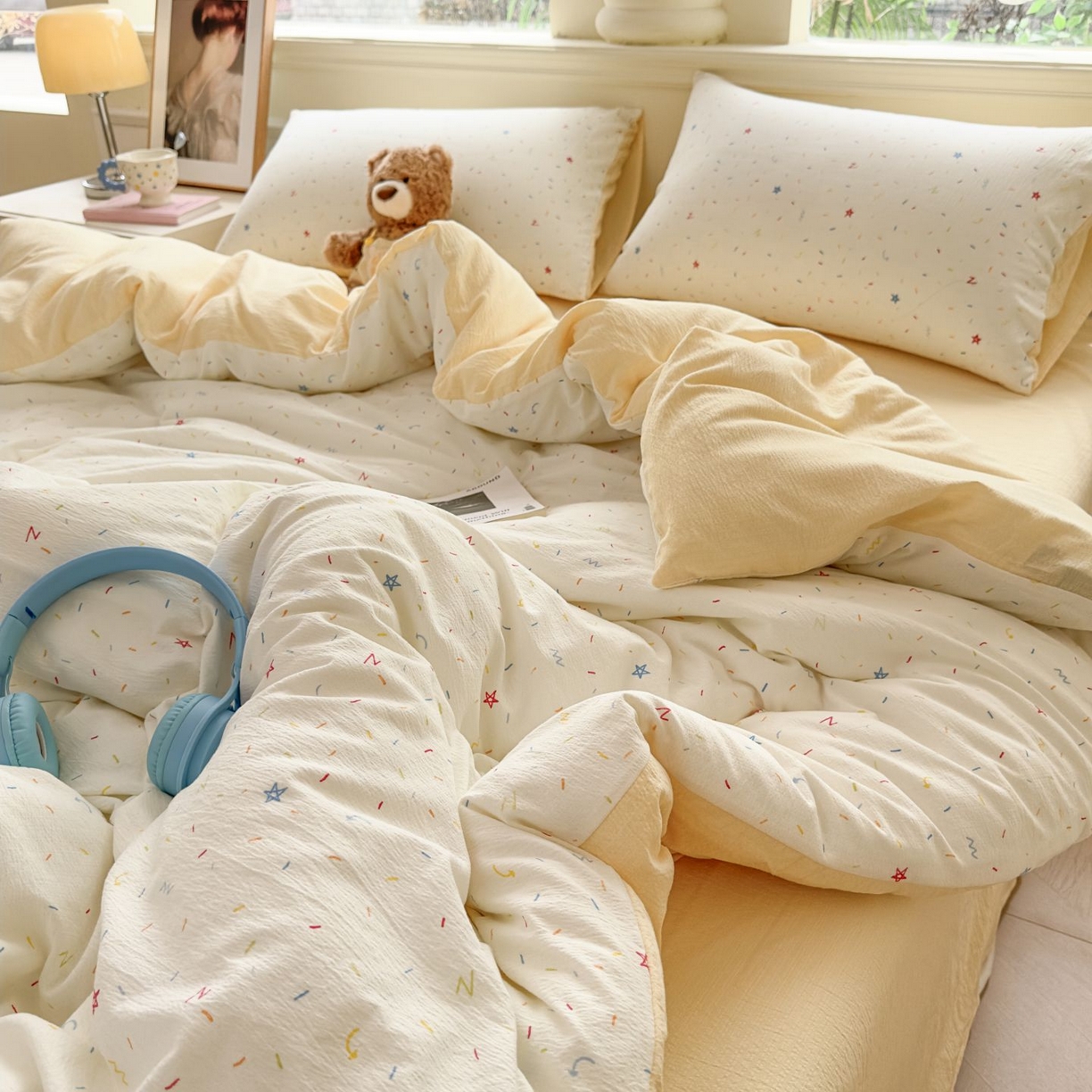 91家纺网 家纺一手货源 找家纺 小蓝孩家纺 2026新款泡泡纱双层纱四件套（不缺货） 奶酪星星