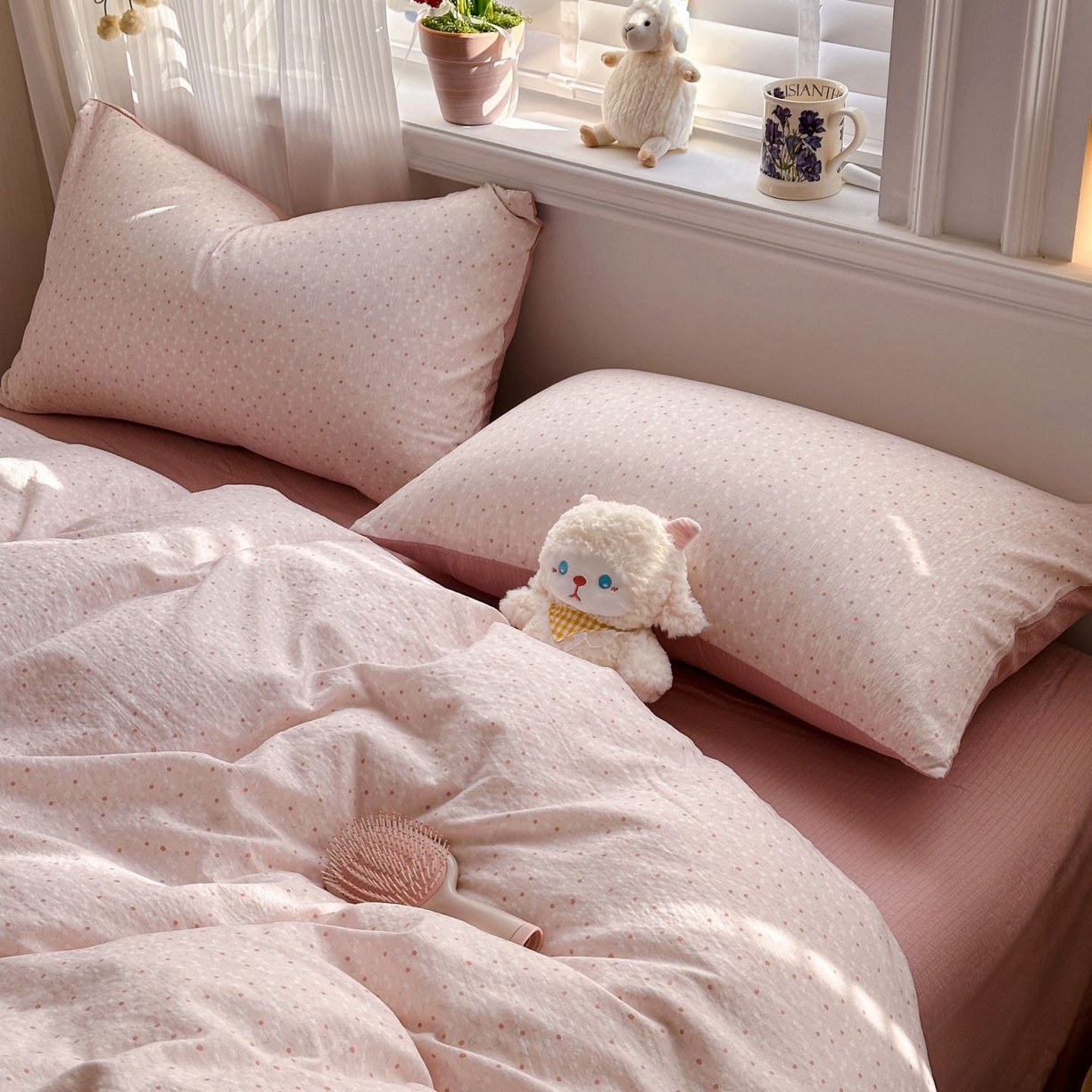 91家纺网 家纺一手货源 找家纺 小蓝孩家纺 2026新款泡泡纱双层纱四件套（不缺货） 樱桃奶球