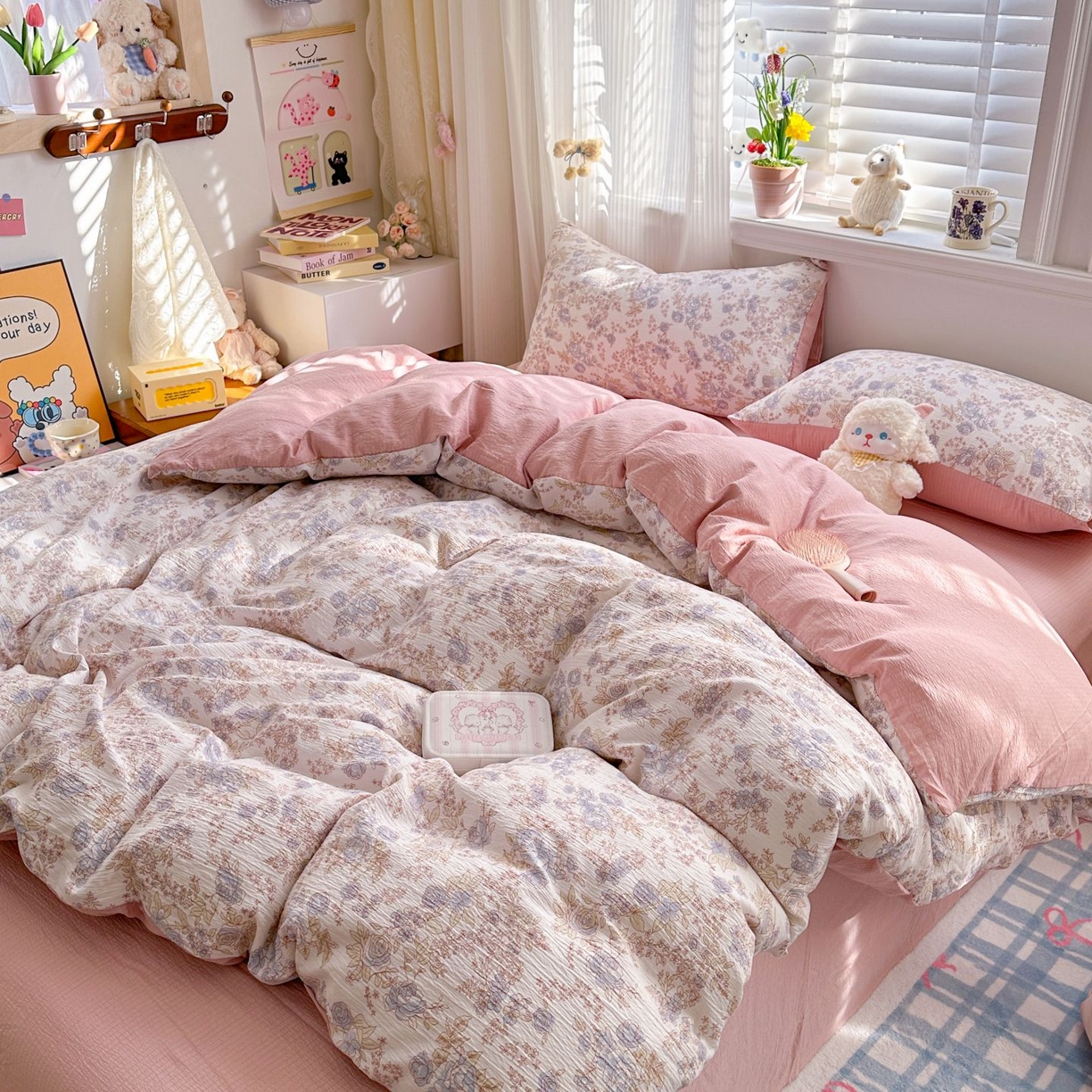 91家纺网 家纺一手货源 找家纺 小蓝孩家纺 2026新款泡泡纱双层纱四件套（不缺货） 曼妙花园