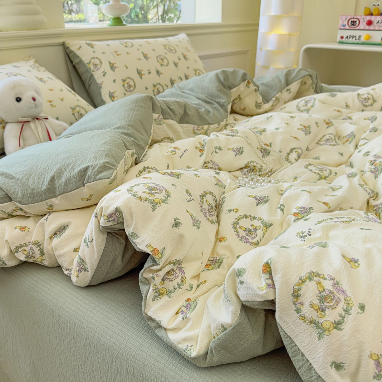 91家纺网 家纺一手货源 找家纺 小蓝孩家纺 2026新款泡泡纱双层纱四件套（不缺货） 小欢喜