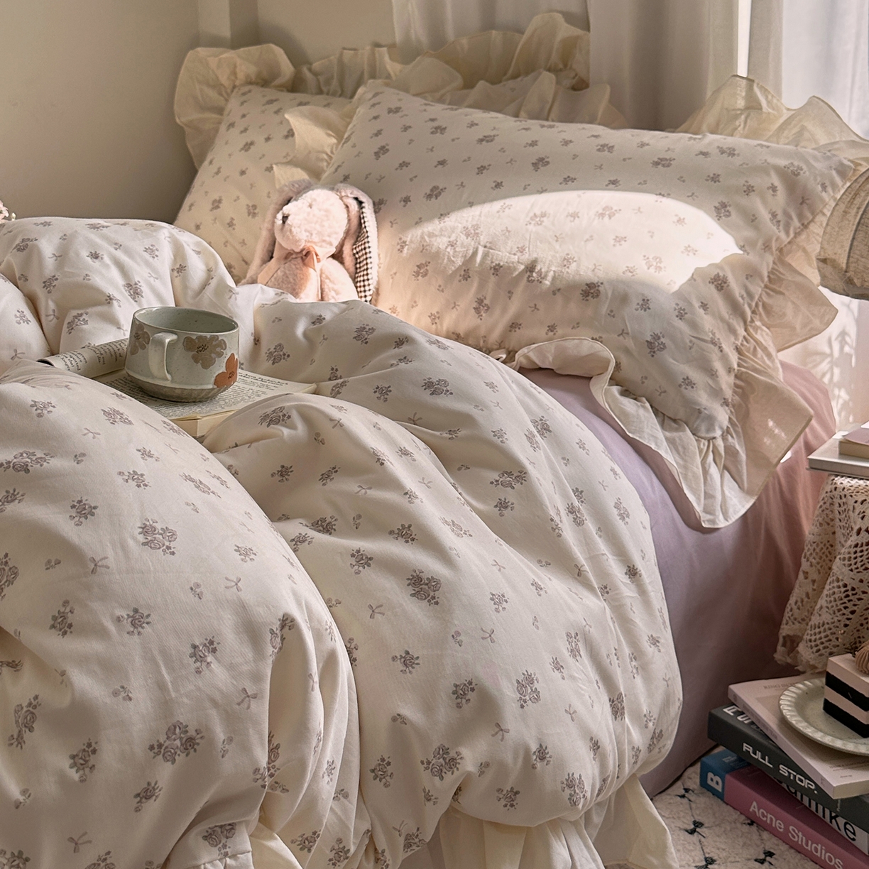 91家纺网 家纺一手货源 找家纺 艾咪-Amy ntmy 2026新款法式田园风全棉纯棉花边款四件套 紫菀