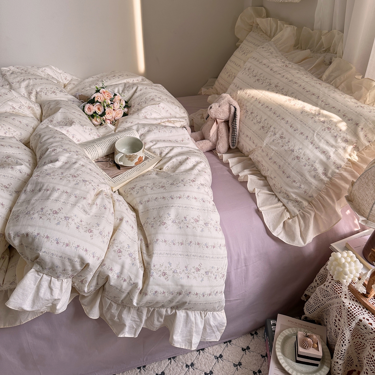 91家纺网 家纺一手货源 找家纺 艾咪-Amy ntmy 2026新款法式田园风全棉纯棉花边款四件套 紫藤