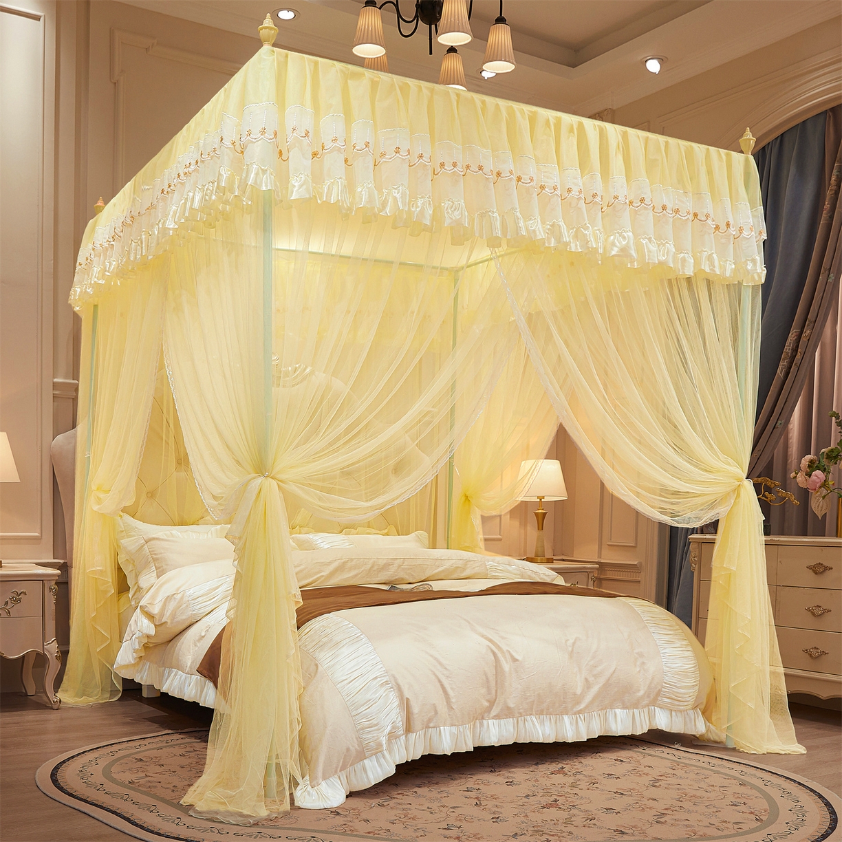 91家纺网 家纺一手货源 找家纺 （总）舞夜盛世 2026新款u型拉幕导轨蚊帐轨道蚊帐落地宫廷蚊帐—刺绣轨道款-大红