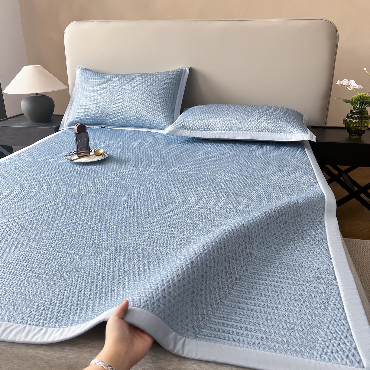 禧禾 2026新款PE中分子A类泡小豆暗纹提花凉席席子三件套-星涧 星涧-水蓝
