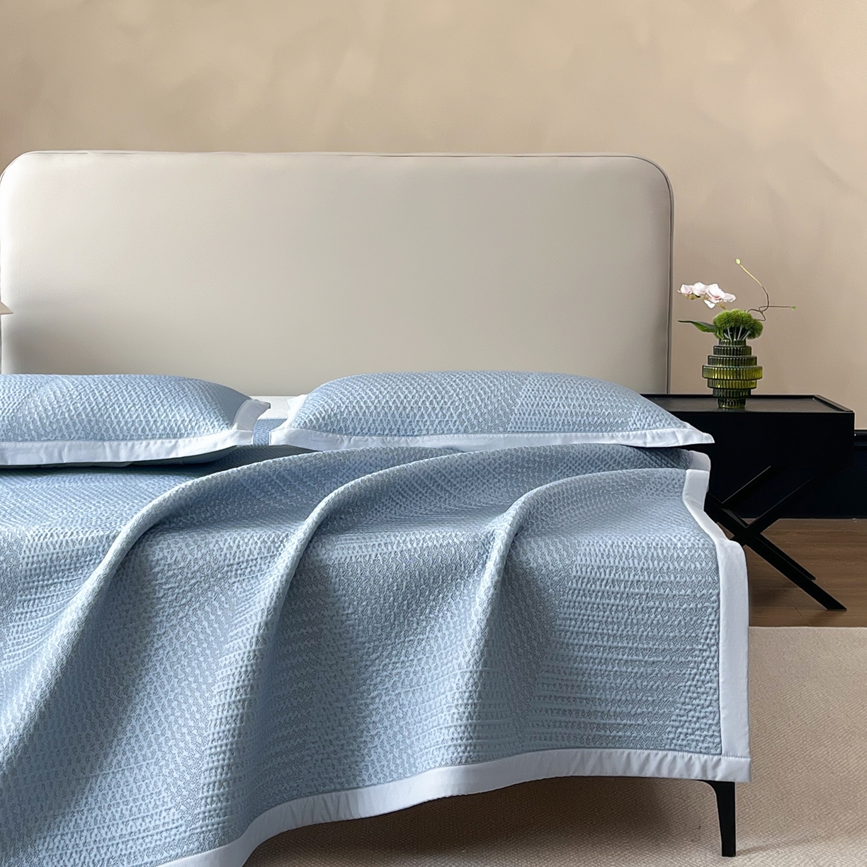 91家纺网 家纺一手货源 找家纺 禧禾 2026新款PE中分子A类泡小豆暗纹提花凉席席子三件套-星涧 星涧-水蓝