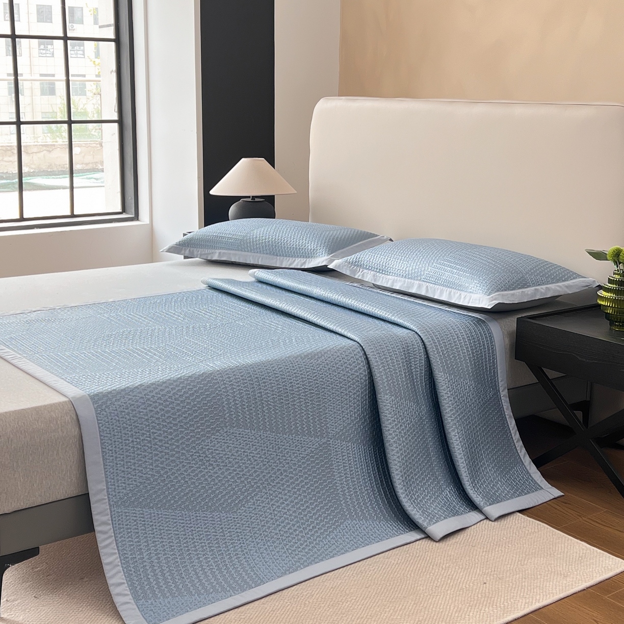 91家纺网 家纺一手货源 找家纺 禧禾 2026新款PE中分子A类泡小豆暗纹提花凉席席子三件套-星涧 星涧-水蓝