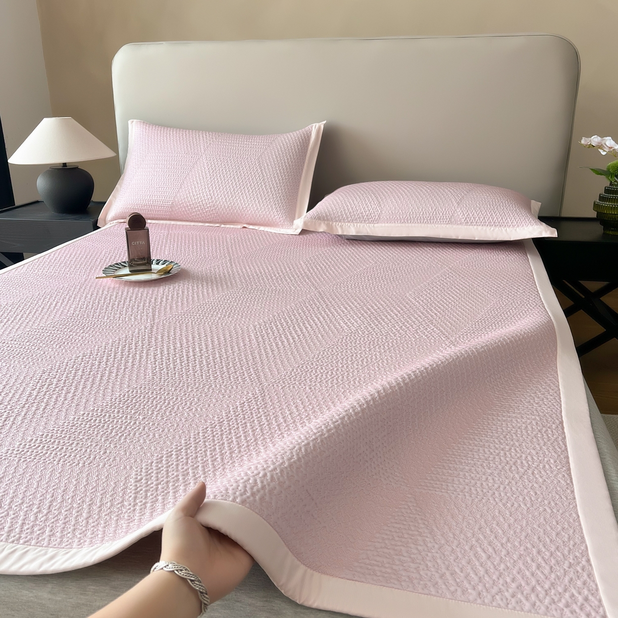 禧禾 2026新款PE中分子A类泡小豆暗纹提花凉席席子三件套-星涧 星涧-水粉