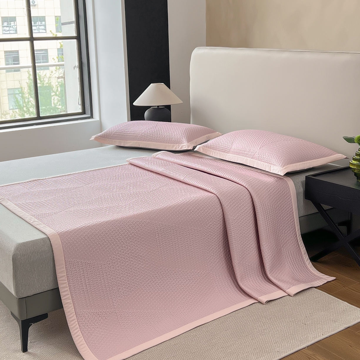 91家纺网 家纺一手货源 找家纺 禧禾 2026新款PE中分子A类泡小豆暗纹提花凉席席子三件套-星涧 星涧-水粉