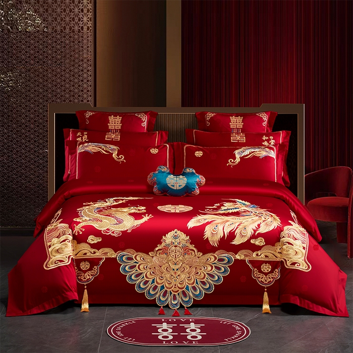 91家纺网 家纺一手货源 找家纺 千禧家纺 2025新款双面长绒棉提花工艺重工刺绣婚庆多件套 金龙祥凤