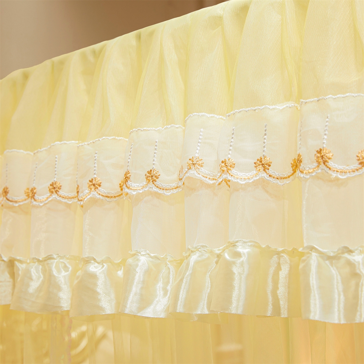 91家纺网 家纺一手货源 找家纺 舞夜盛世 【欧式风情】2026新款落地三开门宫廷蚊帐 欧式情怀-黄色