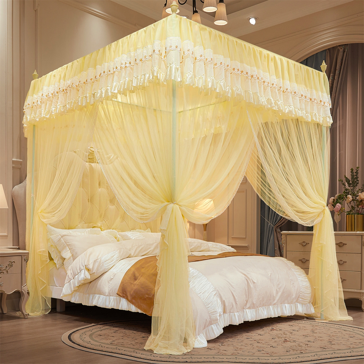 91家纺网 家纺一手货源 找家纺 舞夜盛世 【欧式风情】2026新款落地三开门宫廷蚊帐 欧式情怀-黄色