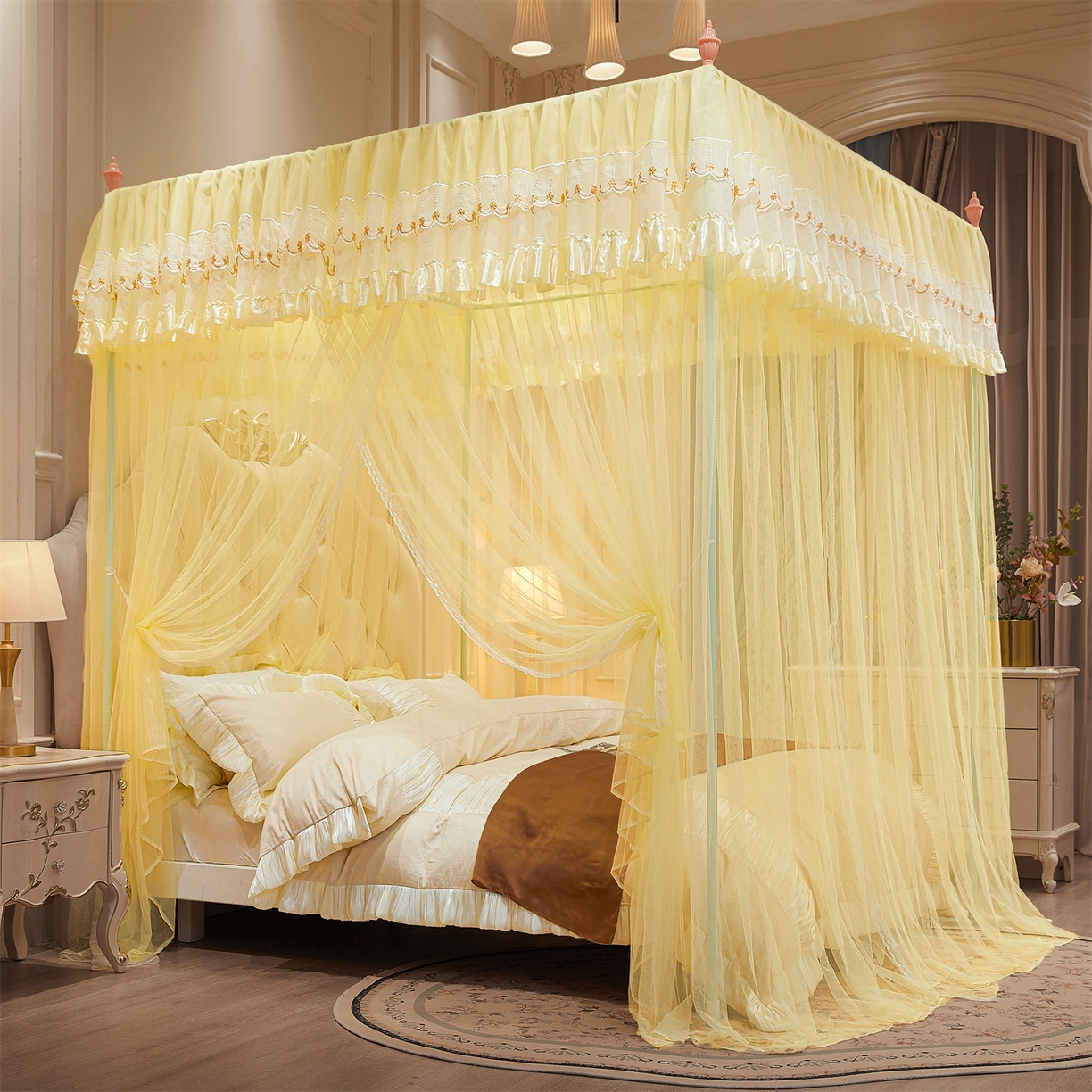 91家纺网 家纺一手货源 找家纺 舞夜盛世 【欧式风情】2026新款落地三开门宫廷蚊帐 欧式情怀-黄色