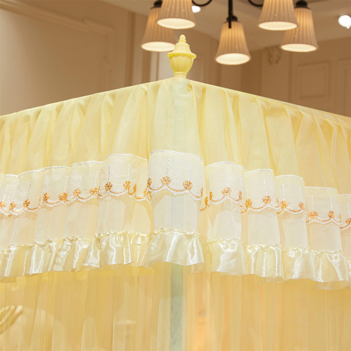 91家纺网 家纺一手货源 找家纺 舞夜盛世 【欧式风情】2026新款落地三开门宫廷蚊帐 欧式情怀-黄色