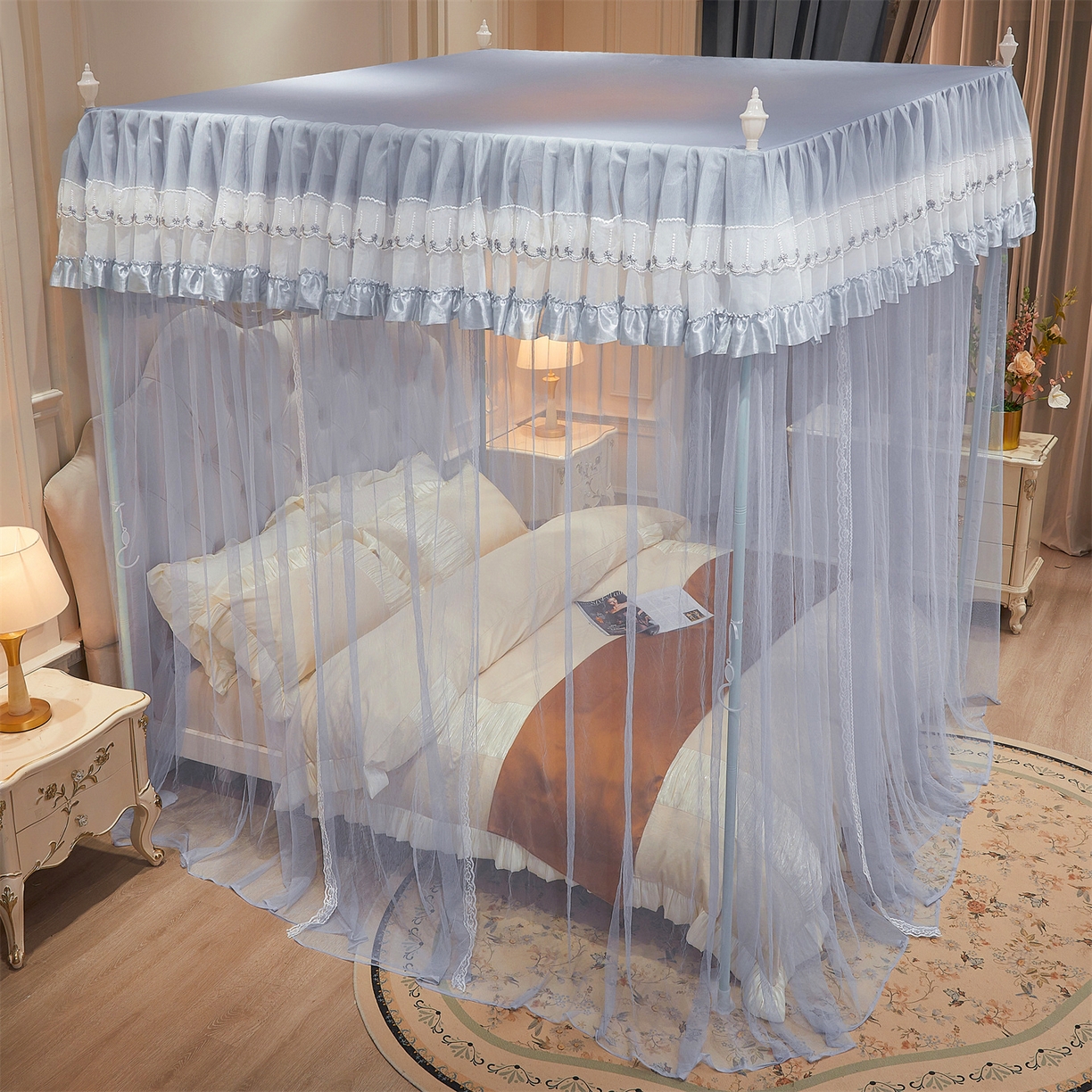 91家纺网 家纺一手货源 找家纺 舞夜盛世 【欧式风情】2026新款落地三开门宫廷蚊帐 欧式情怀-灰色