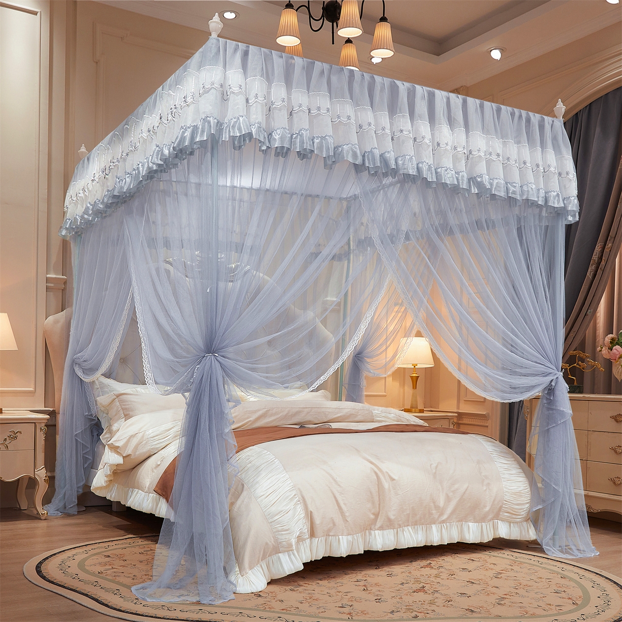 91家纺网 家纺一手货源 找家纺 舞夜盛世 【欧式风情】2026新款落地三开门宫廷蚊帐 欧式情怀-灰色