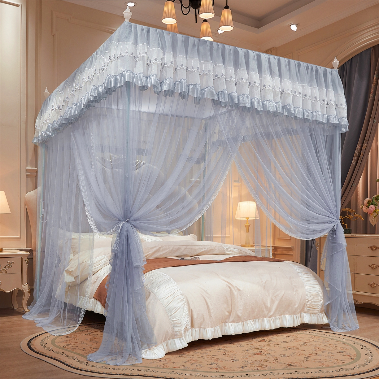 91家纺网 家纺一手货源 找家纺 舞夜盛世 【欧式风情】2026新款落地三开门宫廷蚊帐 欧式情怀-灰色
