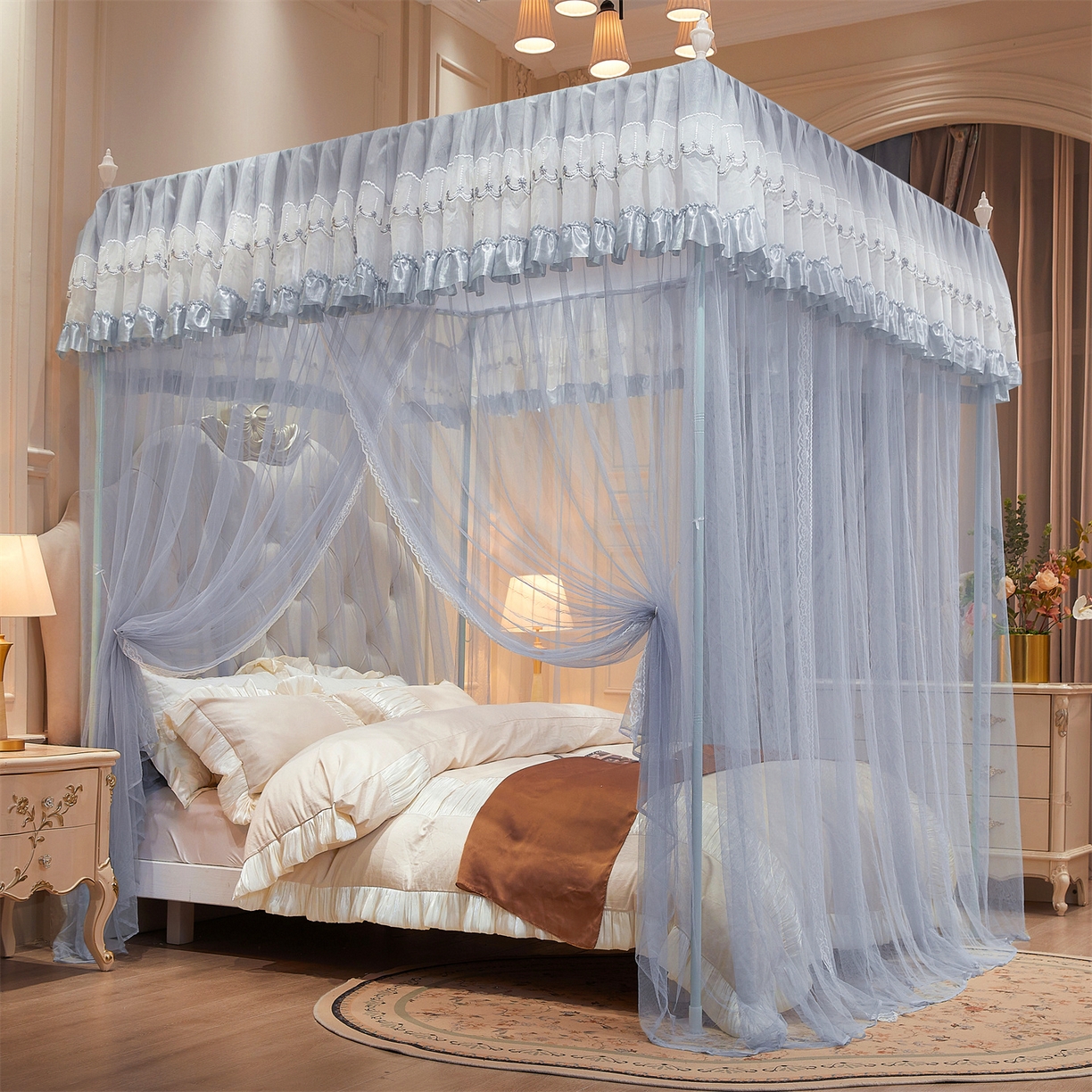 91家纺网 家纺一手货源 找家纺 舞夜盛世 【欧式风情】2026新款落地三开门宫廷蚊帐 欧式情怀-灰色