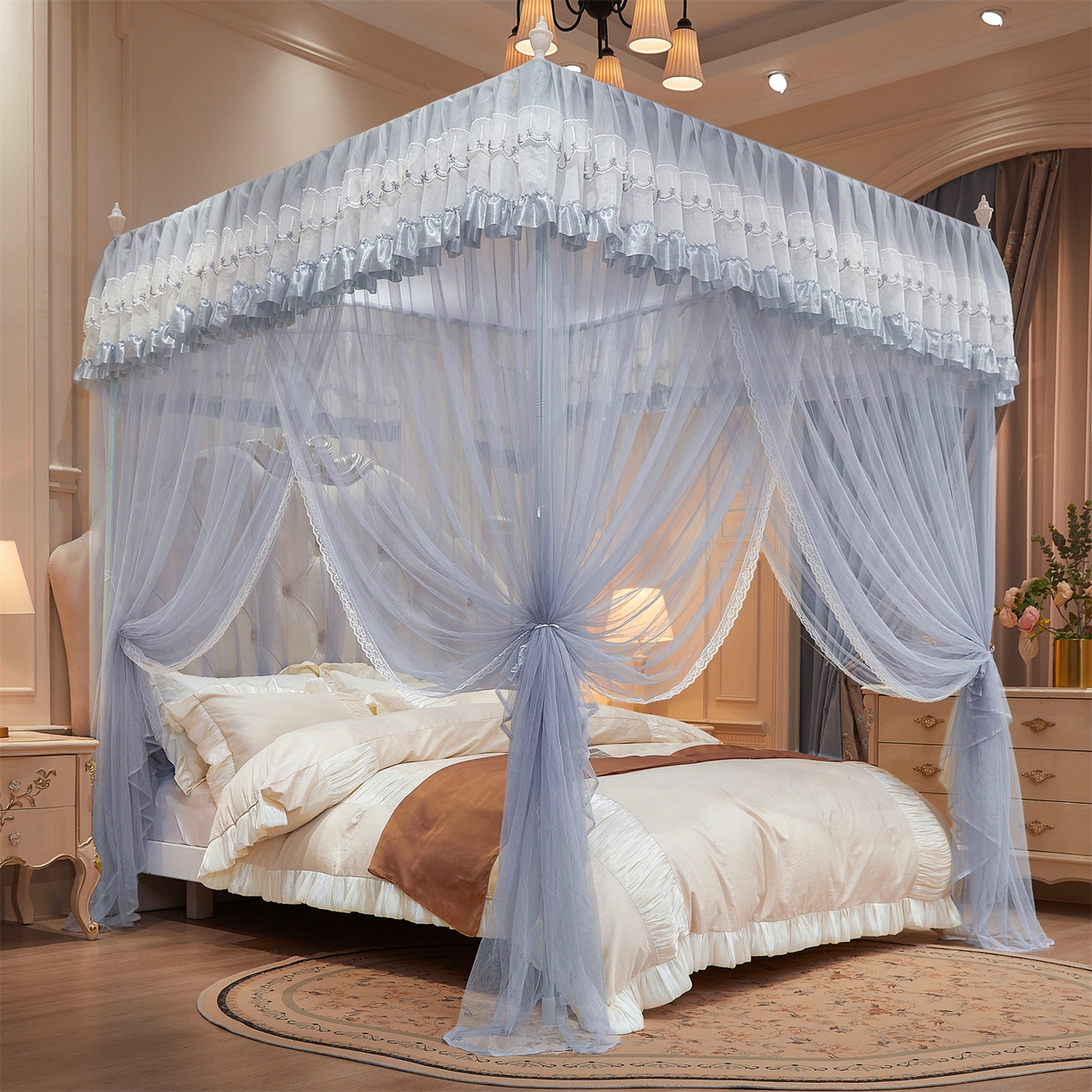 91家纺网 家纺一手货源 找家纺 舞夜盛世 【欧式风情】2026新款落地三开门宫廷蚊帐 欧式情怀-灰色