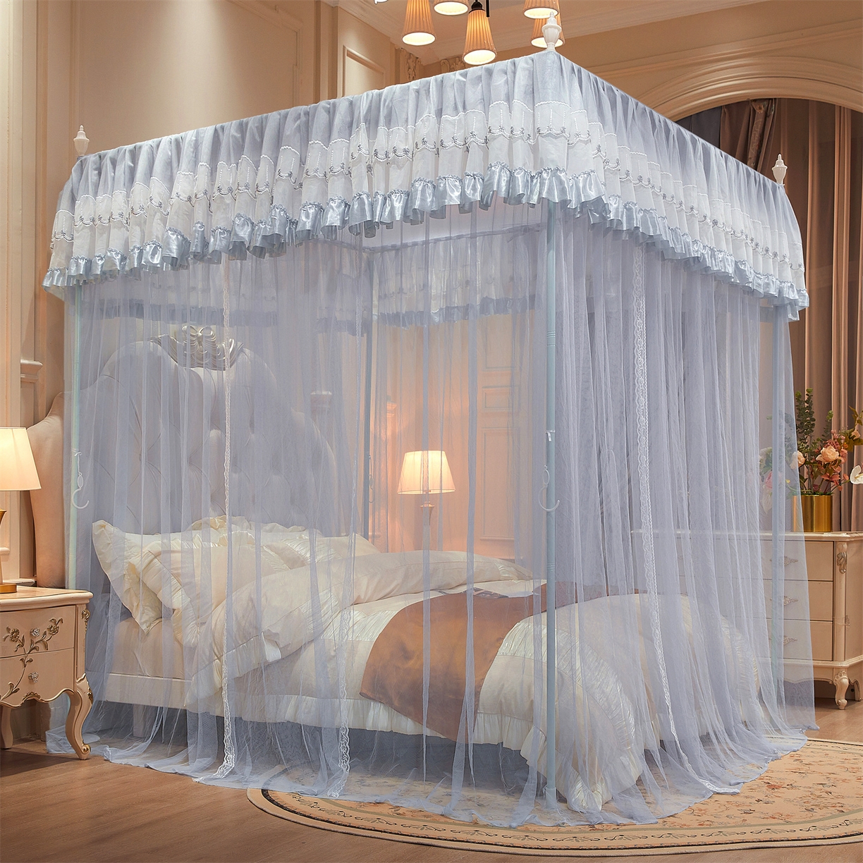 91家纺网 家纺一手货源 找家纺 舞夜盛世 【欧式风情】2026新款落地三开门宫廷蚊帐 欧式情怀-灰色