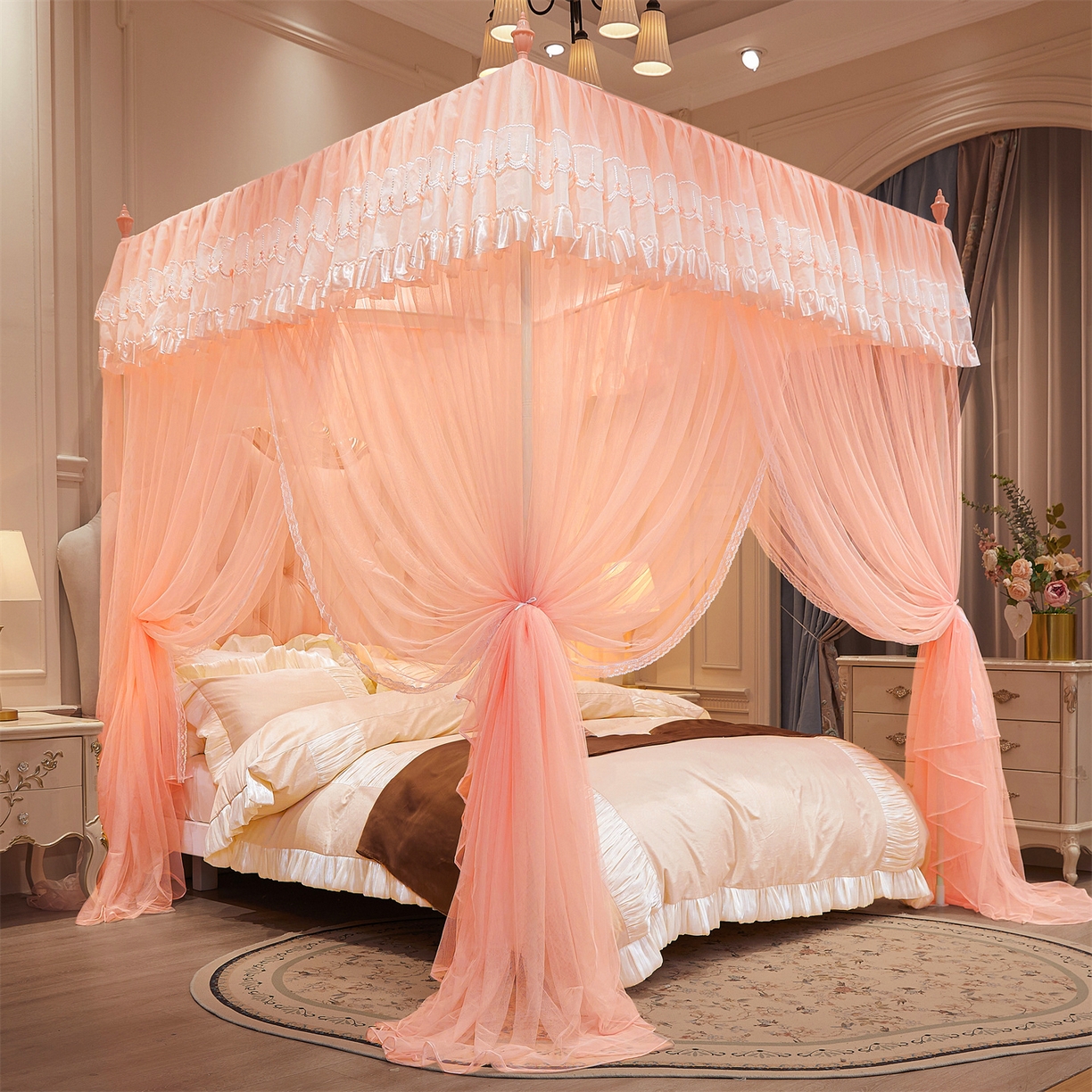 91家纺网 家纺一手货源 找家纺 舞夜盛世 【欧式风情】2026新款落地三开门宫廷蚊帐 欧式情怀-玉色